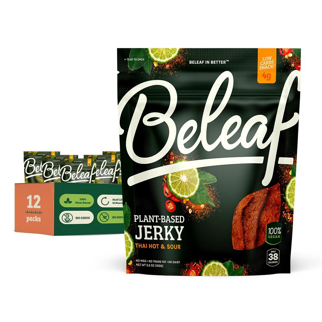 BE LEAF Beleaf Thai Hot & Sour Plant-Based Jerky: High-Protein Snack Healthy and Flavorful Vegan Jerky for On-the-Go Energy Tasty Meatless, Vegetarian Meat Alternative (1 Pack)