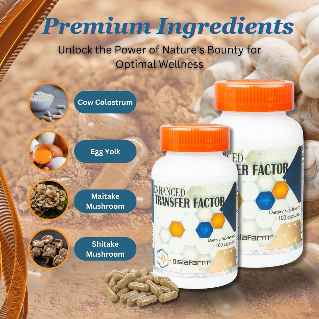 Dislafarm Transfer Factor Enhanced, 100 Natural Capsules, Immune Support - Transfer Factor Multi Immune from Cow Colostrum, Egg Yolk & Special Blend of Mushrooms