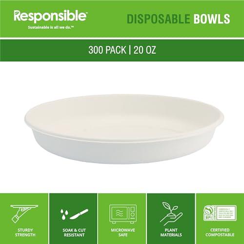 Responsible Products Responsible Products 20 oz Oval Disposable Bowls I Tree-Less Compostable Molded Fiber Burrito Bowls I Extra Strength I NO-PFAS I Classic White (300 Count)