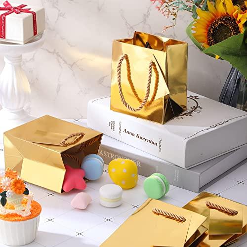 Nuanchu Nuanchu 50 Pcs Mini Gift Bags Bulk, 4 x 2.75 x 4.5 Inch Paper Bags with Gift Tags, Extra Small Metallic Paper Totes with Handles for Birthday Weddings Baby Showers Party Favors Gifts (Gold)