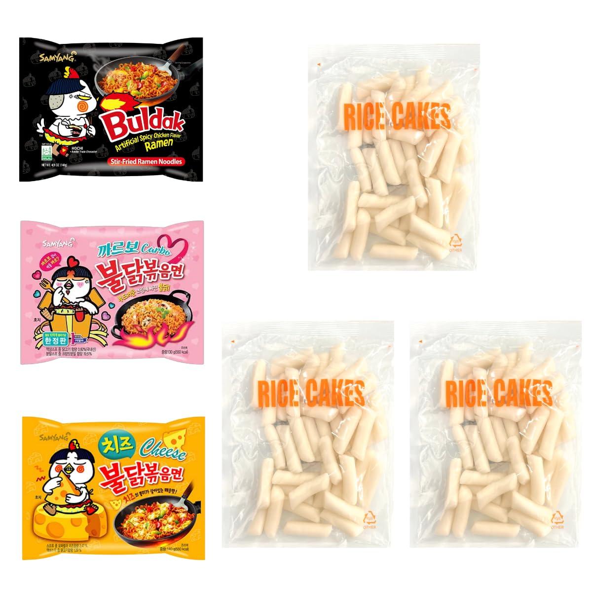 UNHA\'S ASIAN SNACK BOX Hot Chicken Buldak Ramen 3 Flavor with Korean Rice Cake Tteokbokki Stick - Rapokki Stir Fried Ramen Noodle with Tteokbokki Carbonara, Cheese, Original Spicy