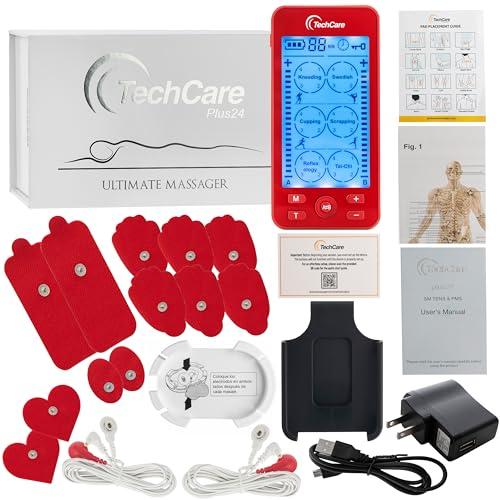 TechCare Massager Tens Unit Plus 24 Rechargeable Electronic Pulse Massager Machine Multi Mode Device with All Accessories (Red)