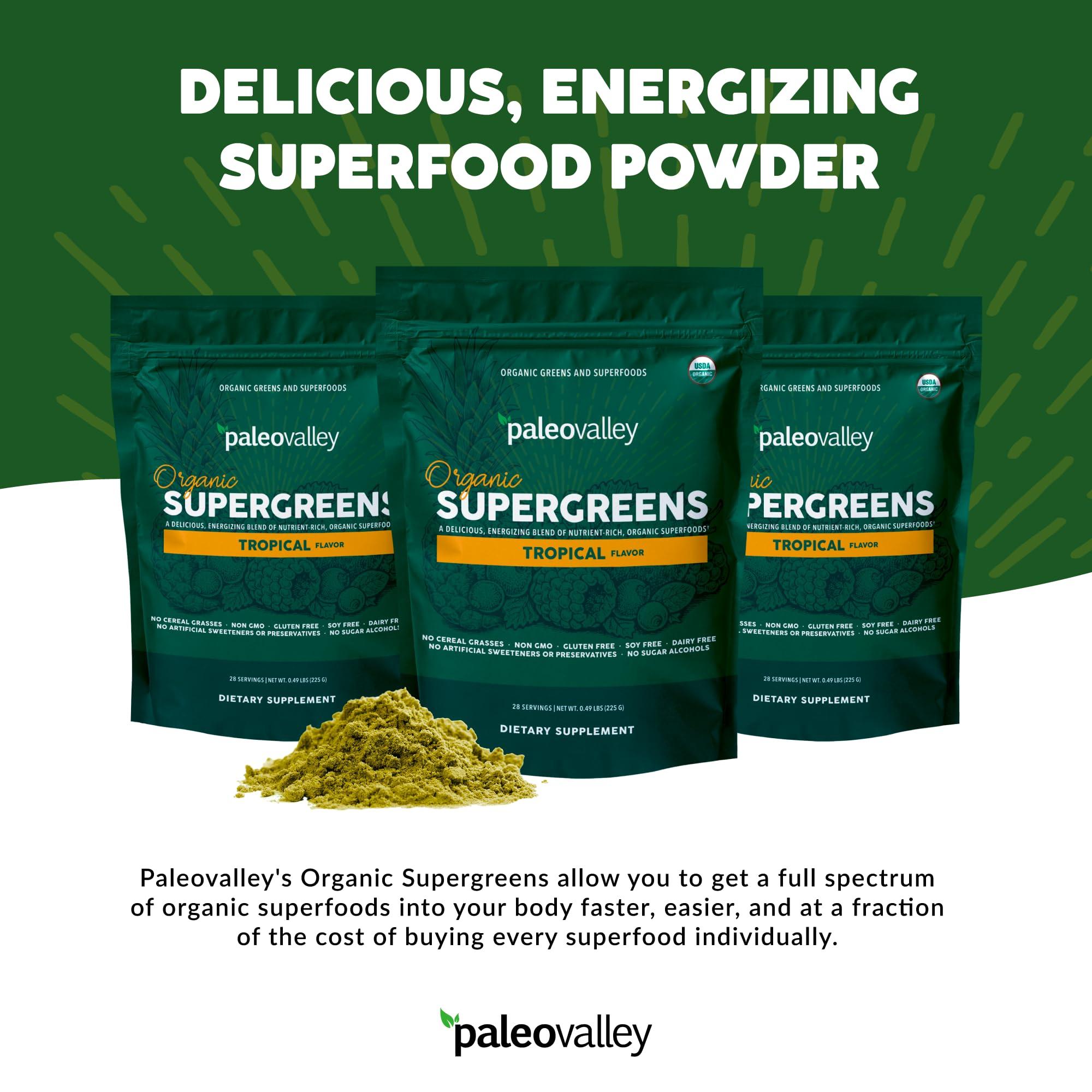 Paleovalley Paleovalley Organic Supergreens Powder - 23 Superfoods with Prebiotic Fiber for Energy and Immunity Support - No Cereal Grasses for Maximum Absorption - Tropical, 30 Servings