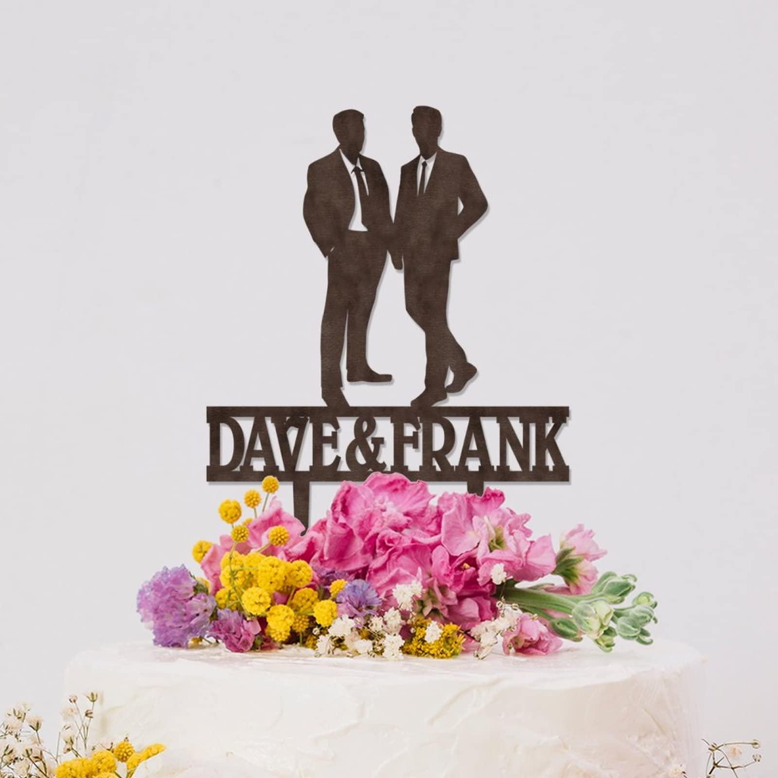 BYRON HOYLE Gay Marriage Silhouette Cake Topper Gay Same Sex LGBT Wedding Cake Toppers Mr & Mr Cake Topper for Wedding His And His Custom Wedding Party Topper LGBT Wood Brown Topper Cake Topper