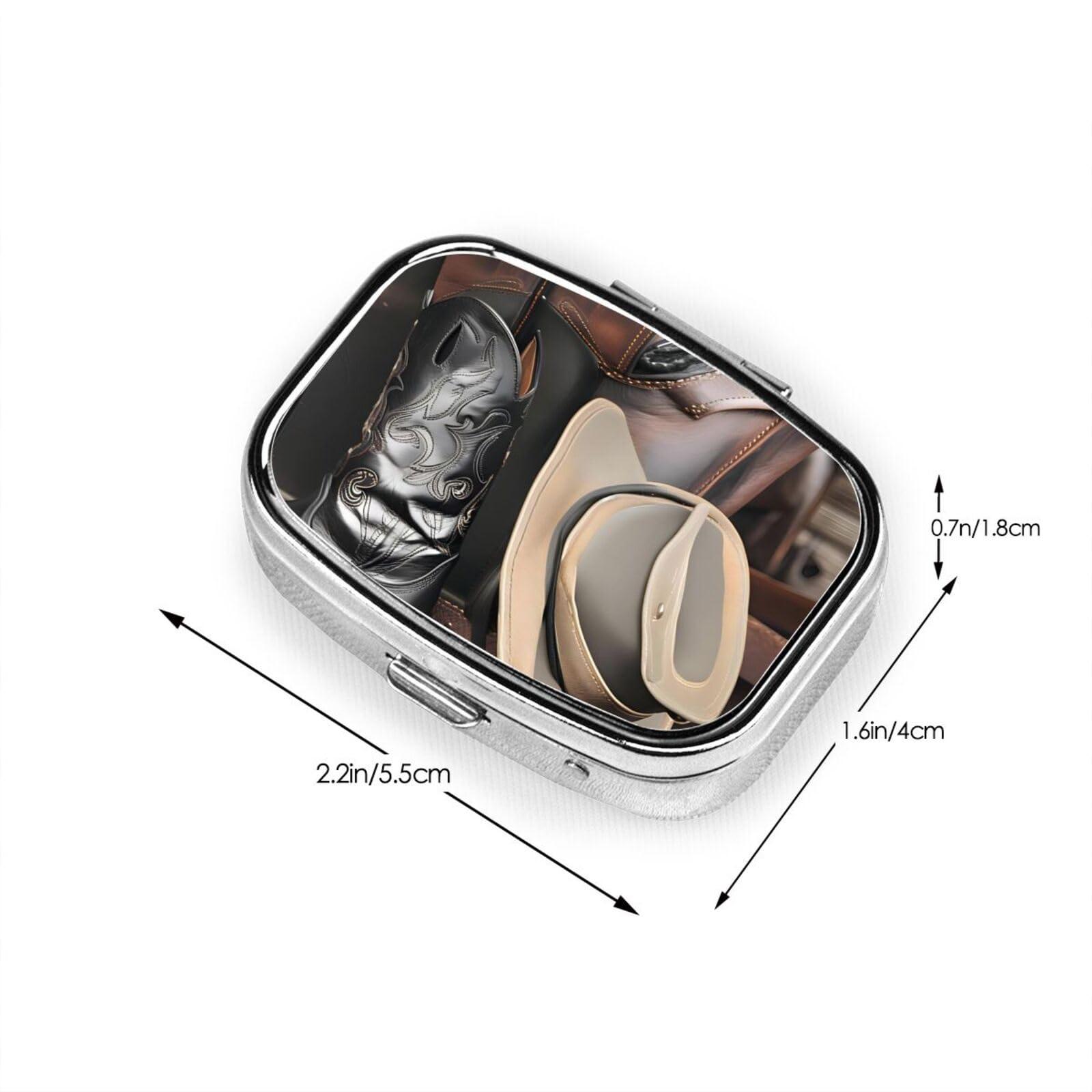 AthuAh Cowboy Black Hat Western Boots Everyday Pill Organizer, Fits in Pocket, 2 Compartment Portable Pill Box for Medications, Vitamins and More
