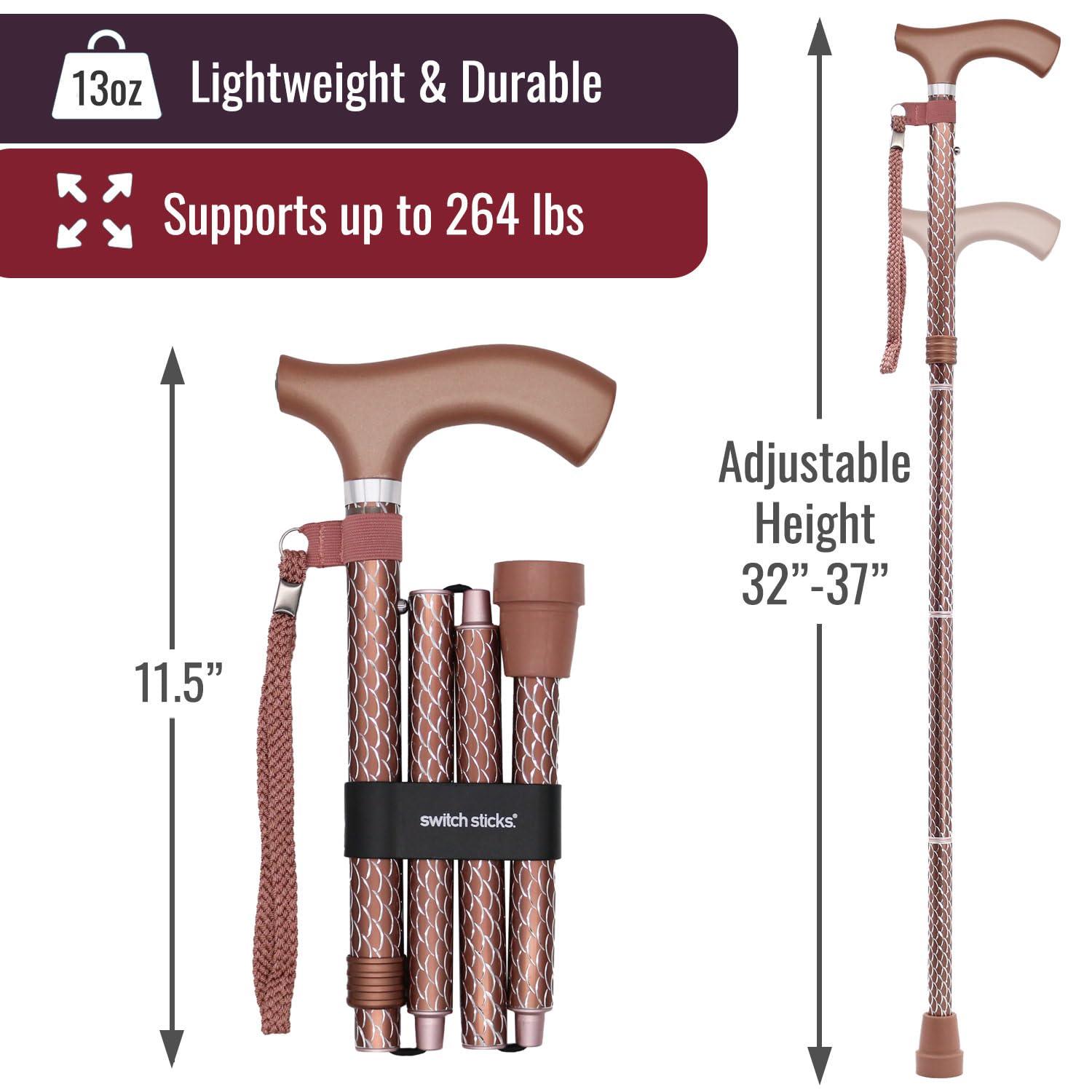 Switch Sticks Switch Sticks Folding Walking Cane For Women & Men - Adjustable 32-37 In, Lightweight With Ergonomic Wood Handle, Slip-Resistant Rubber Tip Supports 264 Lbs - Canes For Women For Stability (FSA/HSA)