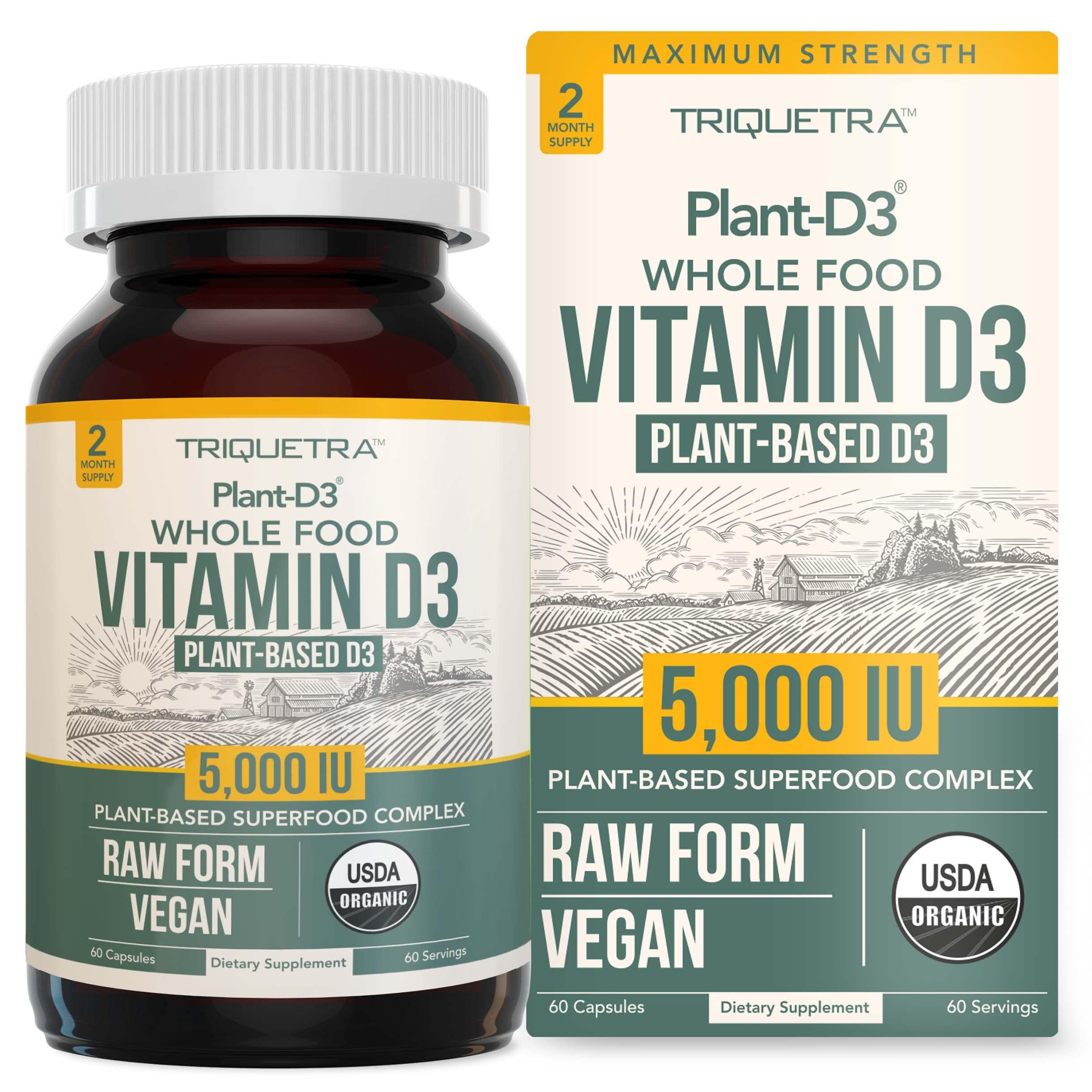 Triquetra Health Organic Vitamin D3 5,000 IU - 100% Whole Food & Plant-Based Cholecalciferol Form, 100% Vegan Vitamin D - Enhanced with Prebiotic & Superfood Complex Organic, Vegan, GMO & Gluten Free (60 Capsules)