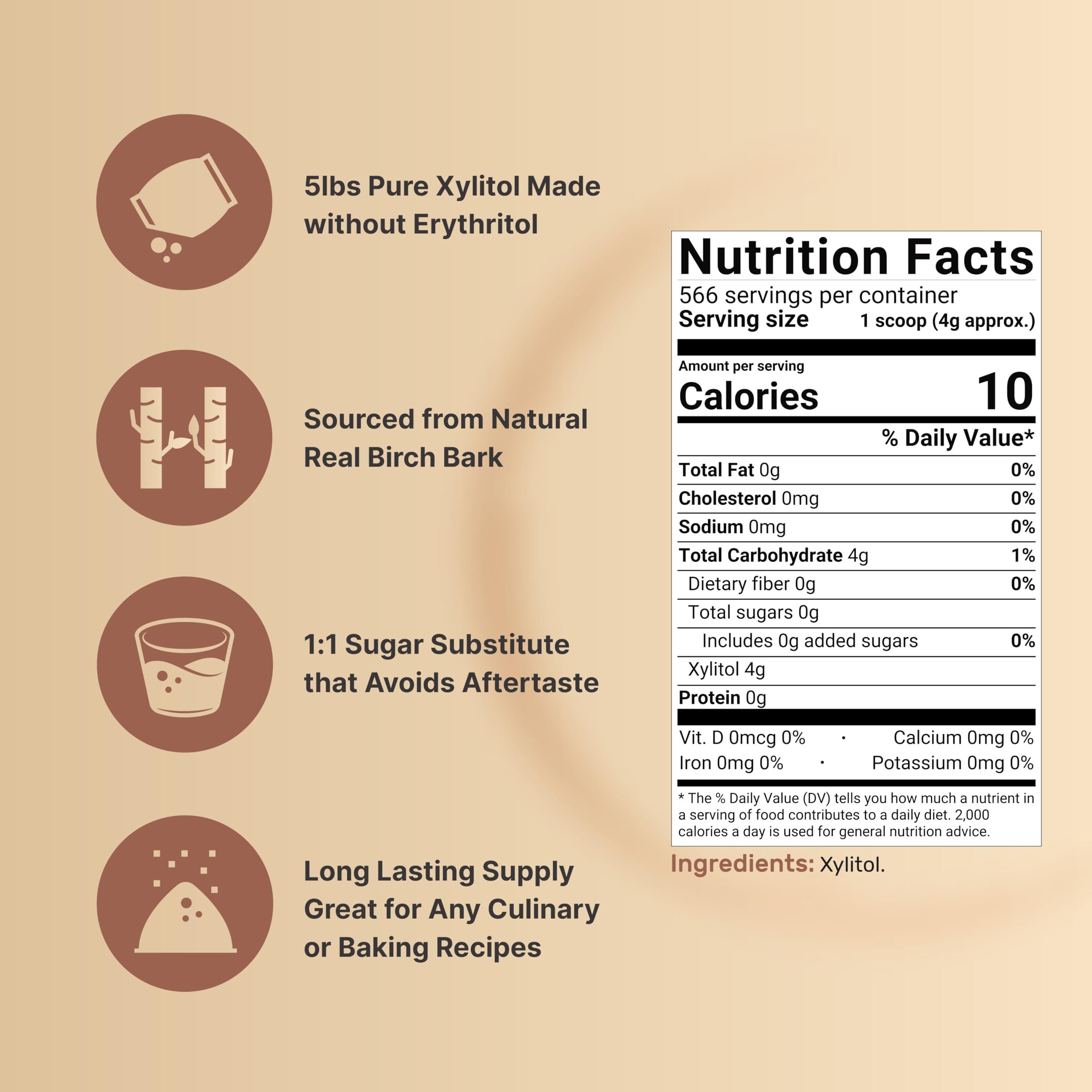 NatureBell NatureBell Xylitol Sweetener, 5lbs | Natural Birch Crystal Source 1:1 Sugar Substitute Sweet Flavor with No Erythritol Low Calorie & Glycemic Impact Sugar Free, No Aftertaste, Non-GMO