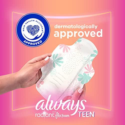 Always Always Radiant Teen Feminine Pads with FlexFoam, Size 1, Regular, with Wings, Unscented, 28 CT