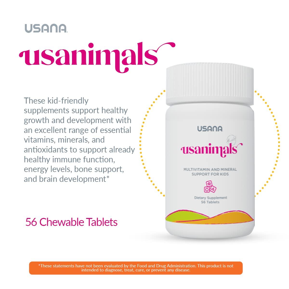 USANA USANA Usanimals Multivitamin for Kids - Daily Chewable Tablets with Vitamins A, C, D, E, B6, B12, Zinc, Iron - Supports Immune, Bone & Brain Health - Essential Nutrients for Ages 2-12 - 56 Tablets