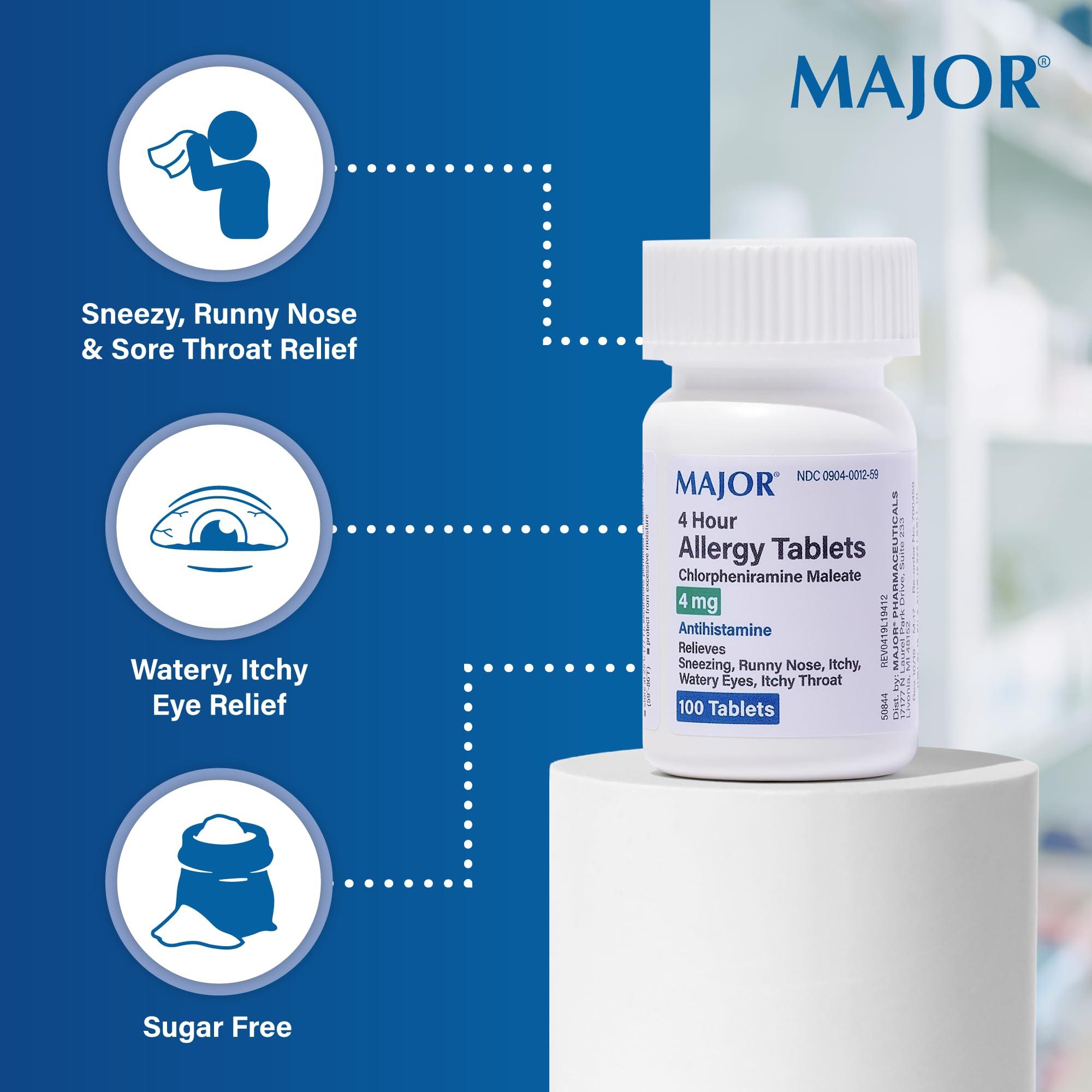 MAJOR Major Chlorpheniramine 4 Mg Tabs - Chlorpheniramine Maleate 4-Hour Allergy Medicine Tablets - Antihistamine for Sneezing, Itchy and Watery Eyes, Itchy Throat, Runny Nose - 100 Tablets per Bottle