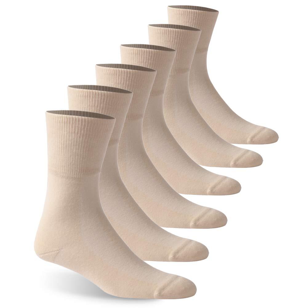 Facool Facool Non-Binding Top Diabetic Socks, Men Women Comfort Smooth Seamless Toe Sensitivity Wide Medical Crew Mid-Calf Socks for Edema,Diabetes,Neuropathy,Circulation,Swelling, 6 Pairs Beige X-Large