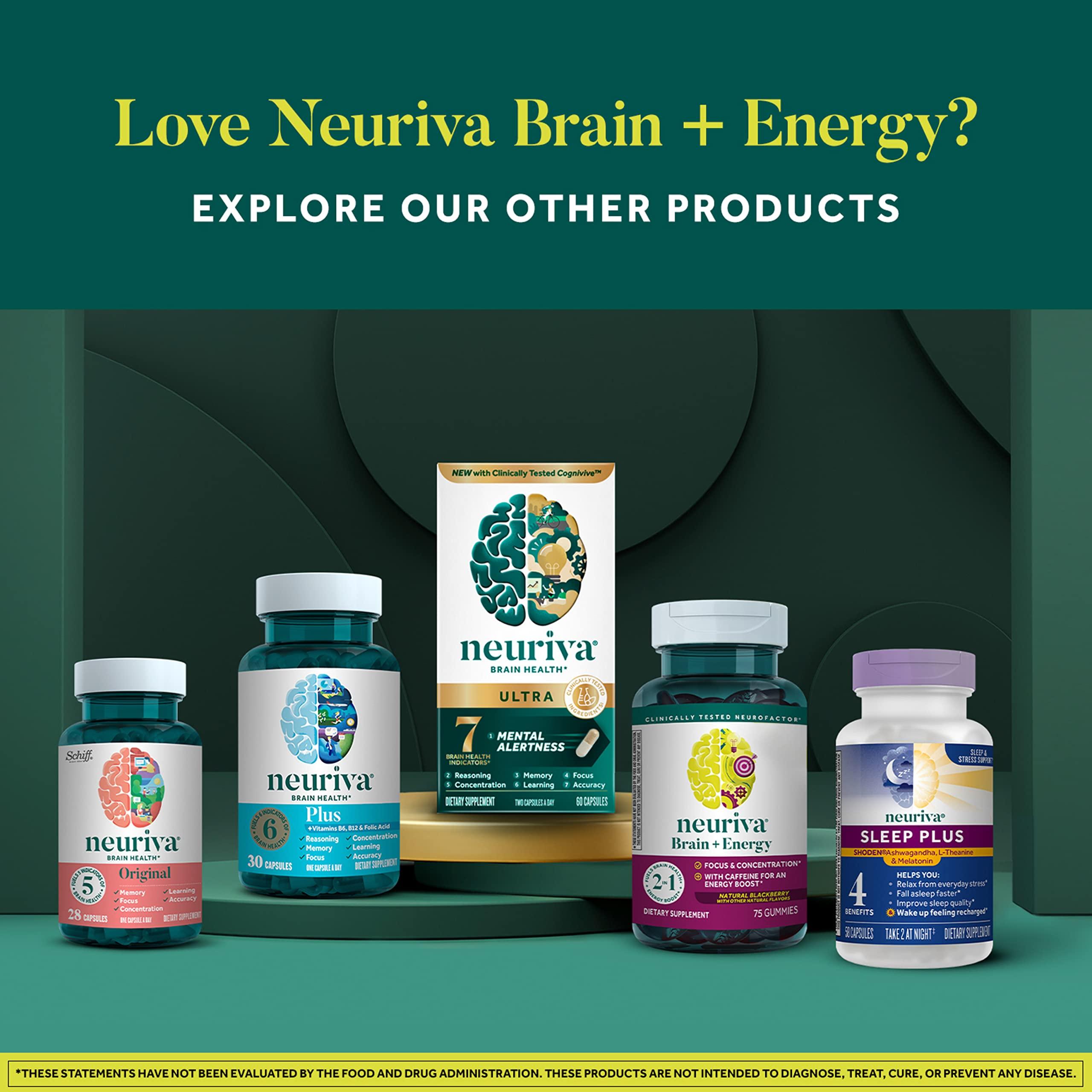 NEURIVA NEURIVA Brain + Energy Gummies, Nootropic Brain Supplements for Focus and Concentration with Neurofactor, Vitamin B12 & Caffeine for an Energy Boost*, 75ct Natural BlackBerry