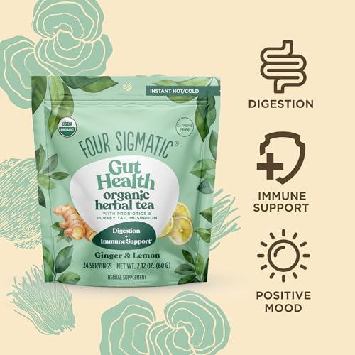 Four Sigmatic Four Sigmatic Happy Gut Organic Herbal Tea | Organic Lemon Ginger with Probiotics & Turkey Tail Mushroom | Instant Digestive Tea | Vegan, Gluten-Free | Lemon Ginger, 24 Servings