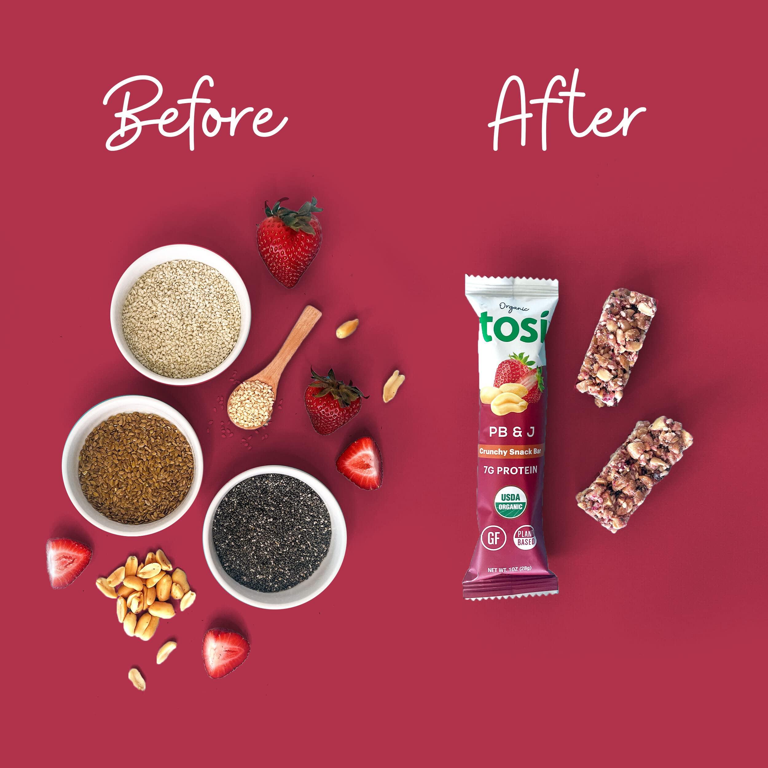 Tosi Tosi Peanut Butter & Jelly Protein Bars, Plant Based with Nuts, Gluten-Free Crunchy Snacks, Vegan, Organic, Flax & Chia Seeds, Soy-Free, Omega 3s, 7G Protein, 1 oz, 12-Pack