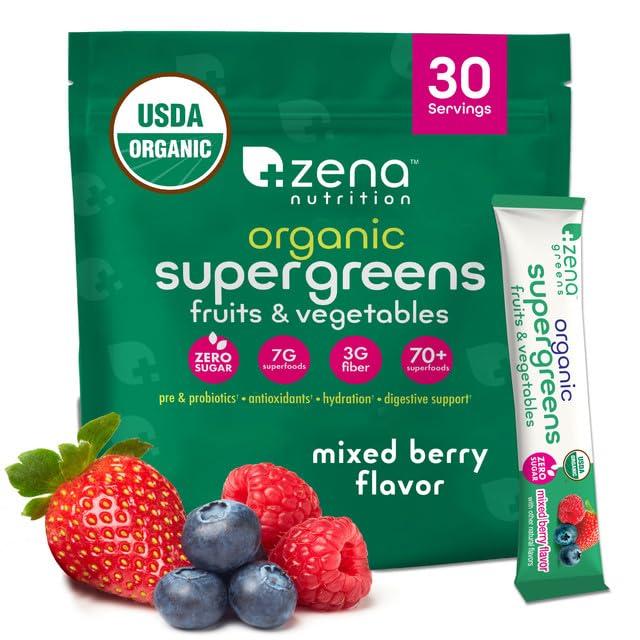 Zena Fit Nutrition Zena Organic Super Greens Powder, 70+ Superfoods Drink Mix, 0 Sugar, 3G Fiber, Fruits, Veggies, Spirulina, Chlorella, Antioxidants, Pre & Probiotics, Digestive Enzymes, Mixed Berry Flavor, 30 Packets
