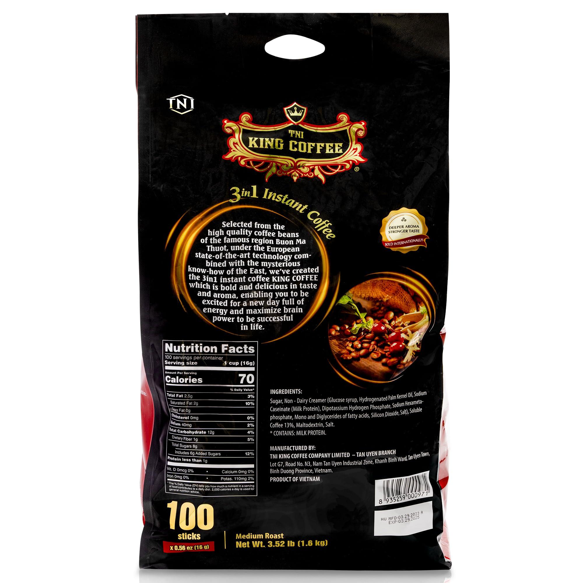 TNI King Coffee TNI King Coffee 3 in 1 Instant Vietnamese Coffee, 100 Single Serve Packets - Individual Pocket Size Sachet Sticks - Blended with Coffee, Cream Powder and Sugar - Bulk Size Pack