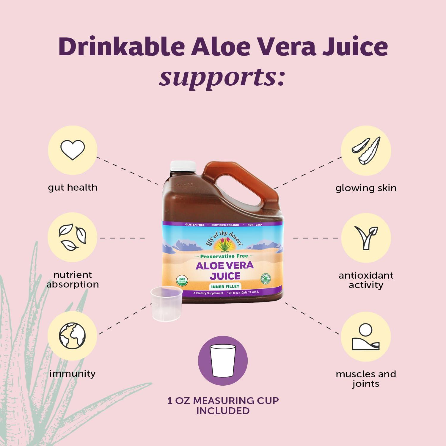 Lily Of The Desert Lily of the Desert Aloe Vera Juice - Organic, Preservative-Free Inner Fillet Aloe Vera Drink with Natural Digestive Enzymes for Gut Health, Stomach Relief, Wellness, Glowing Skin, 128 Fl Oz