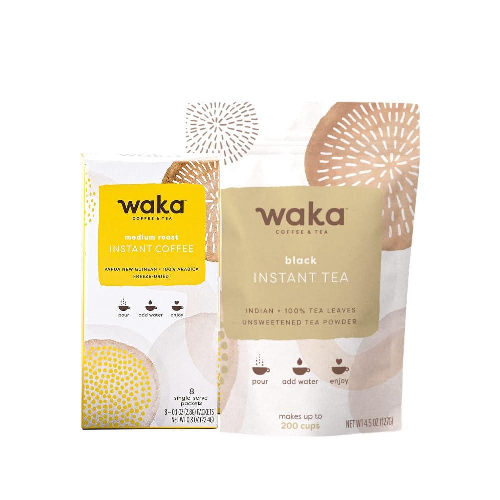 Waka Coffee Waka Instant Coffee and Tea Bundle Unsweetened Black Tea Powder and Single-Serve Medium Roast Box Bundle