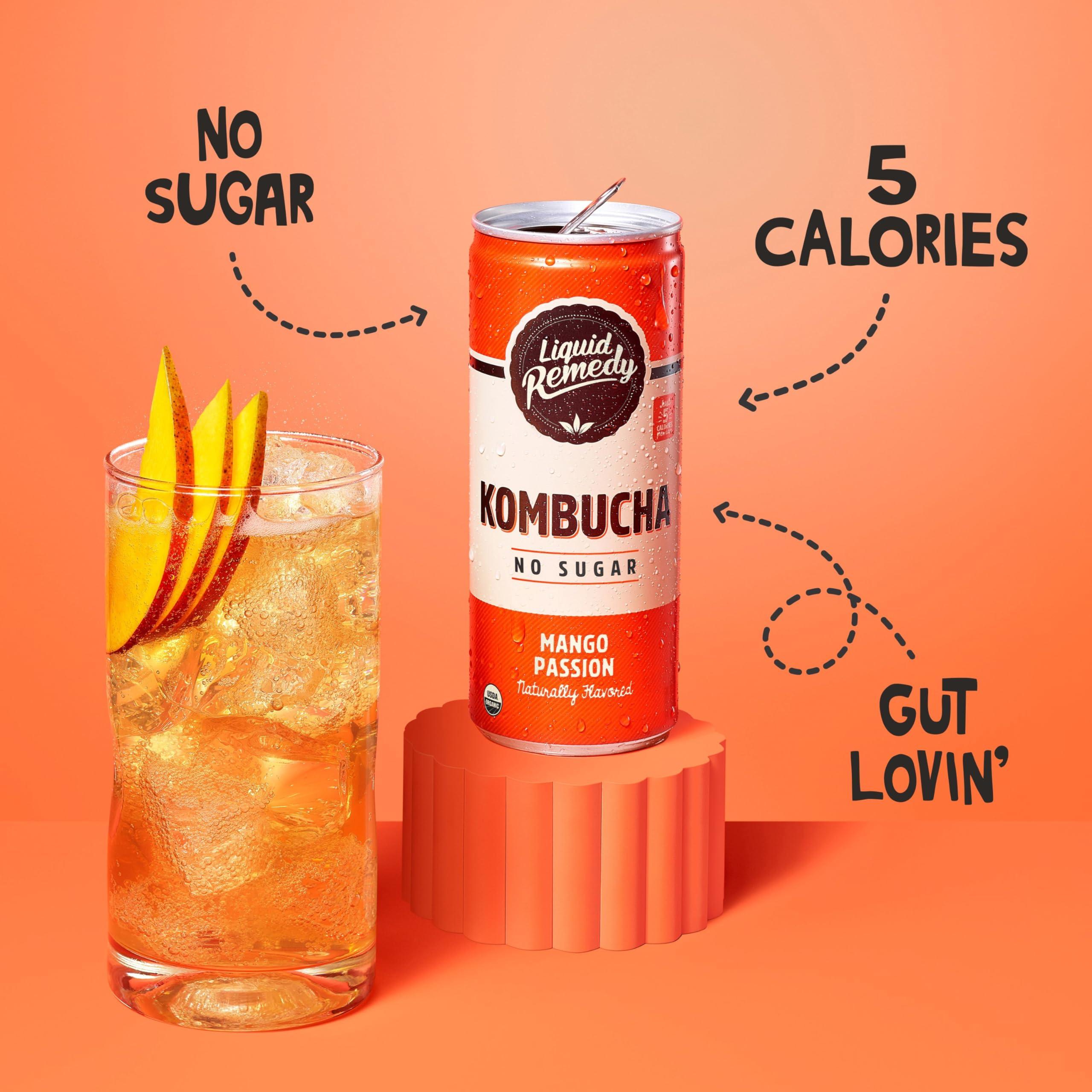 REMEDY Kombucha Liquid Remedy Kombucha Sugar Free Organic Drink, Low Calorie, Probiotic Like Tea for Gut Health - Mango Passion - 8.5 Fl Oz Can, 24-Pack