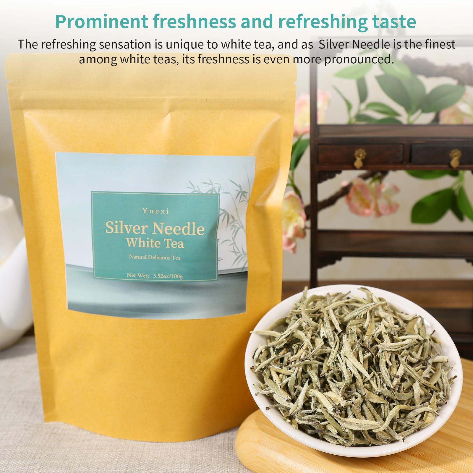 Yuexi Yuexi Silver Needle White Tea Loose Leaf Silver Needle Tea Chinese Tea Yunnan Bai Hao Yin Zhen Chinese White Tea Sweet Taste Honey Flavor 3.5oz/100g