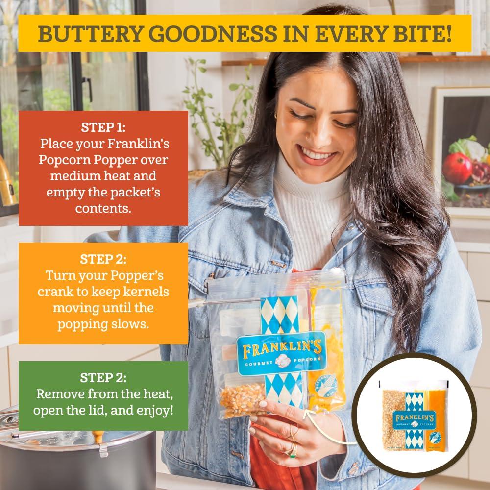 Franklin's Gourmet Popcorn Franklins Gourmet Popcorn All-In-One Pre-Measured Packs - 2oz. Pack of 24 - Butter Flavored Coconut Oil + Butter Salt Popcorn Seasoning + Organic Corn - Authentic Movie Theater Taste Made in USA