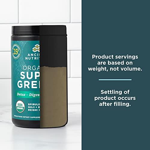 Ancient Nutrition Super Greens Powder by Ancient Nutrition, Organic Superfood Powder with Probiotics Made with Spirulina, Chlorella, Matcha, and Digestive Enzymes, 25 Servings, 7.5oz