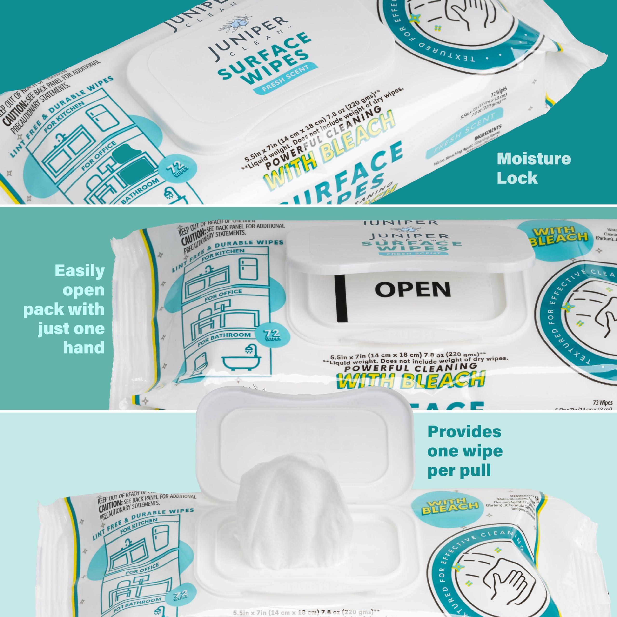 Juniper CLEAN Juniper CLEAN 3 Pack Surface Cleaning Wipes with Bleach, All-Purpose Cleaner for Bathroom, Kitchen, Office, 216 Count Soft Flow, Fresh Scent, Lint Free & Durable