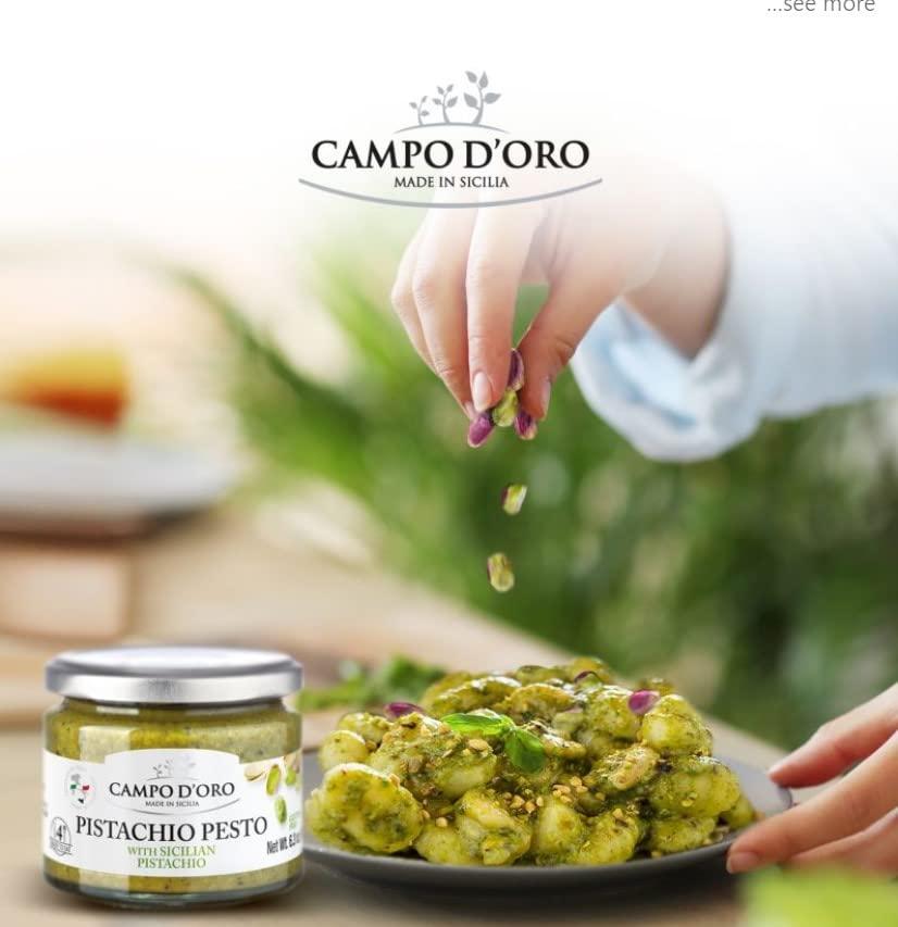 CAMPO D'ORO Pistachio Pesto, Paste, UnSweetened, Sicilian Pesto Sauce, Savory, Creamy, Spreadable, 6.35oz, Sicily, Italy. By Campo D\'Oro