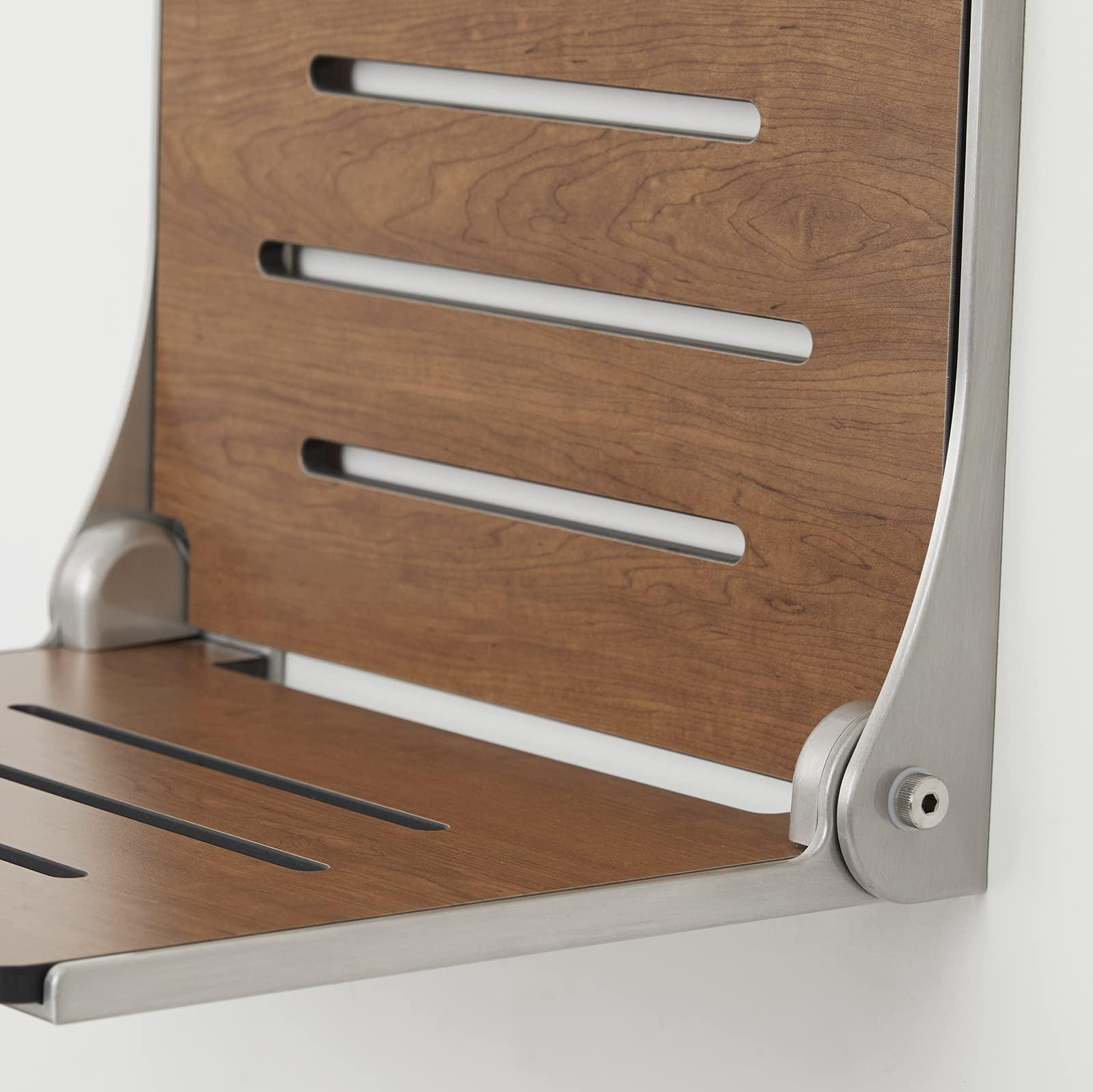 Seachrome Seachrome Silhouette Folding Wall Mount Shower Bench Seat, Rustic Teak Seat with Silver Frame (SHAF-185155-PRTS-S-SL)