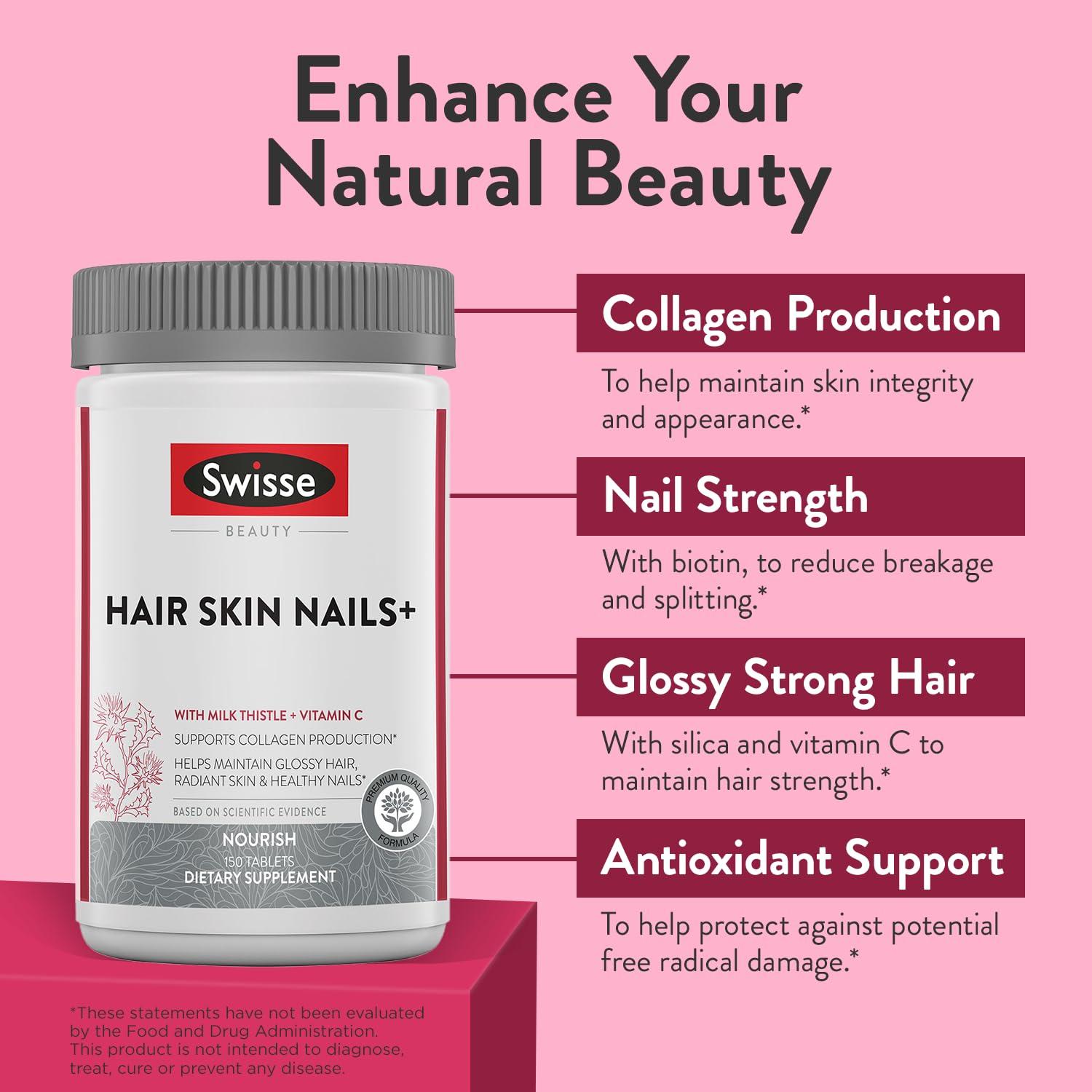 Swisse Swisse Biotin Hair Skin and Nails Supplement for Women & Men | Milk Thistle, Biotin, Vitamin C, Zinc & Iron | Supports Hair Growth & Collagen Production | Collagen Supplement | 150 Tablets