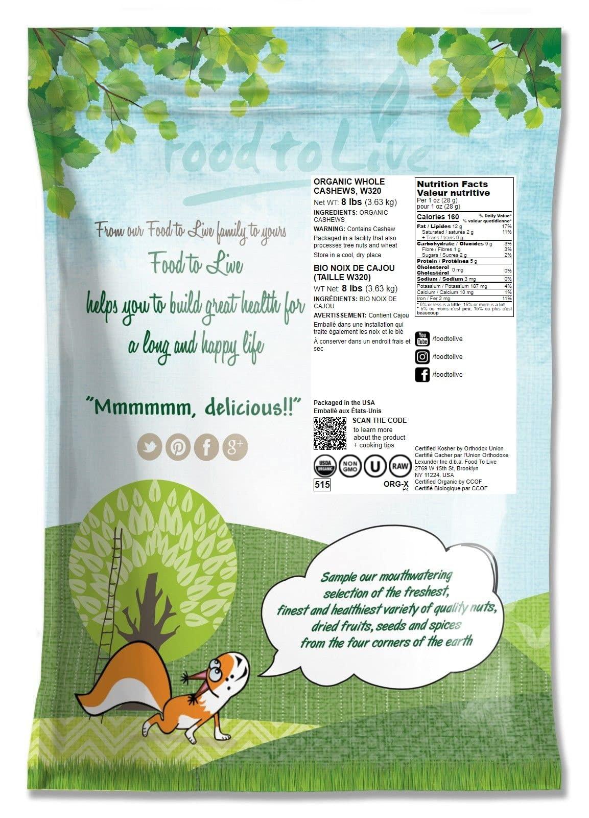 Food to Live Food to Live - Organic Cashews, 8 Pounds Whole, Unsalted, Non-GMO, Kosher, Raw, Vegan, Bulk