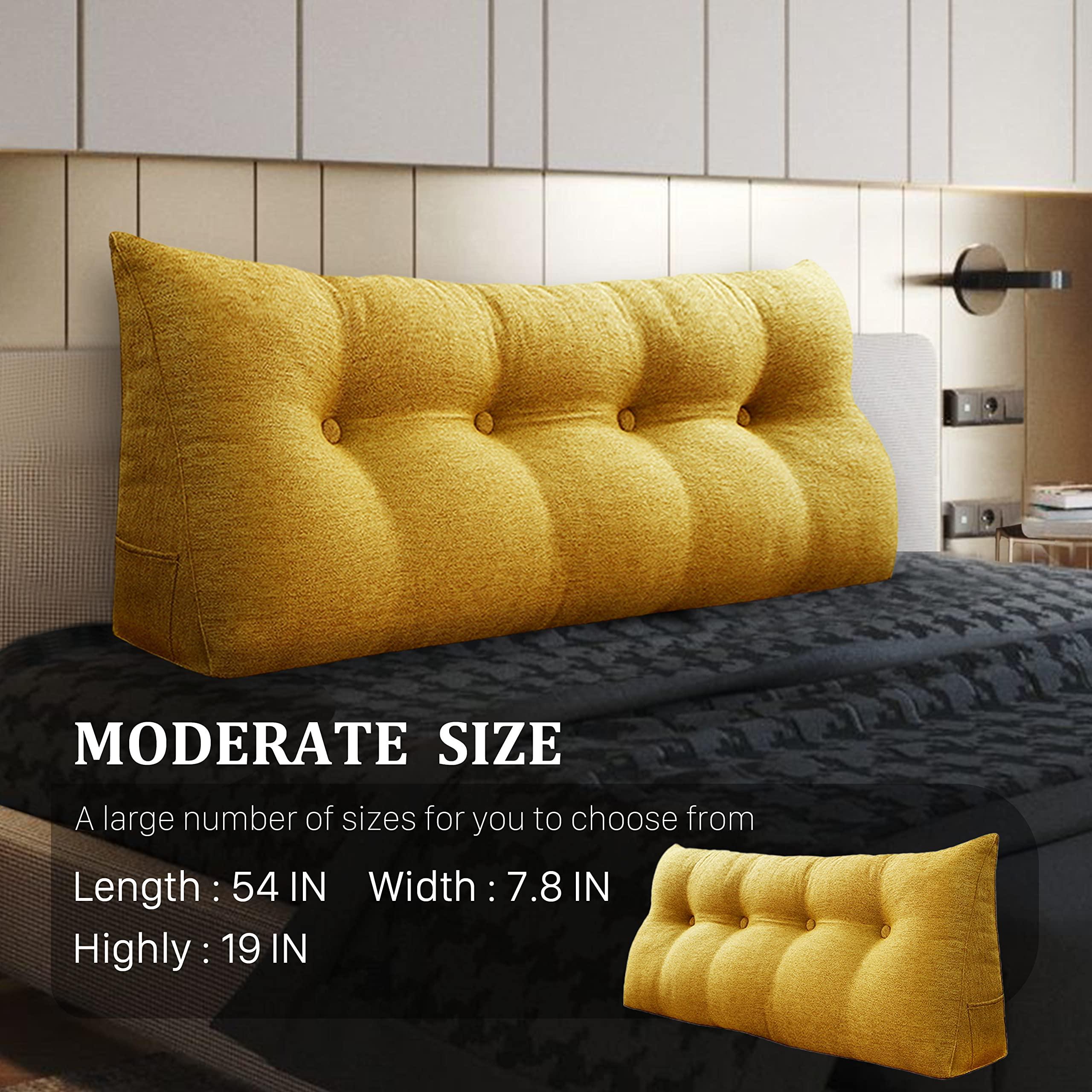 Rucener 13 lbs Thickened Headboard Pillow Wedge Pillow Headboard Reading Pillow Bed for Comfortable Backrest Reading Triangular Pillow with Side Pocket Backrest Pillows for Sitting in Bed Yellow Full