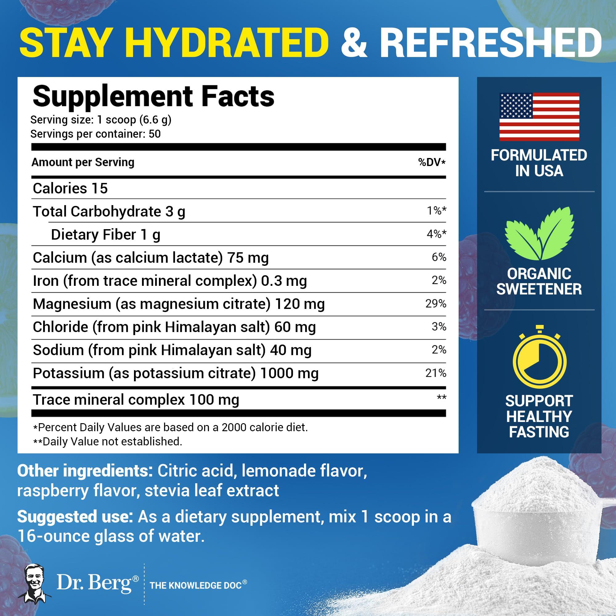 Dr. Berg Nutritionals Dr. Berg Zero Sugar Hydration Keto Electrolyte Powder - Enhanced w/ 1,000mg of Potassium & Real Pink Himalayan Salt (NOT Table Salt) - Raspberry & Lemon Flavor Hydration Drink Supplement - 50 Servings