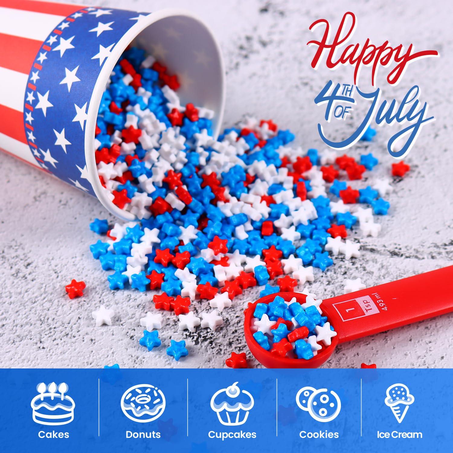 Milovin Edible Star Sprinkles for Cake Decorating, Patriotic Star Sprinkles, Red White and Blue Sprinkles, 4th of July Sprinkles for Patriotic Cupcakes, Cake, Macaron, Ice Cream Topping, and Cookies(120g/4.23oz)