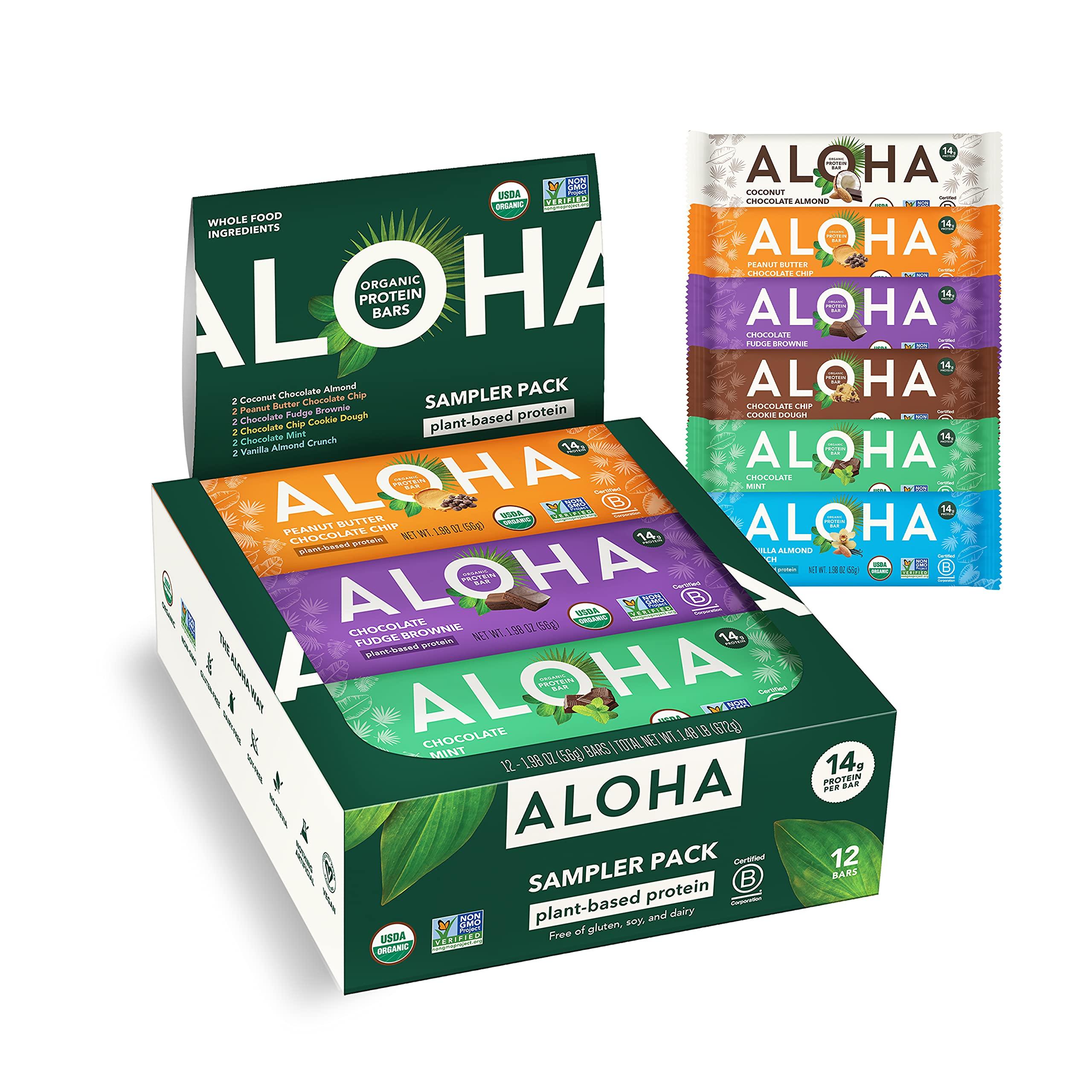 ALOHA ALOHA Organic Plant-Based Protein Bars - 6 Flavor Variety Pack with 12 Count Bars & Chocolate Fudge Brownie 12 Count Bars - Vegan, Gluten-Free