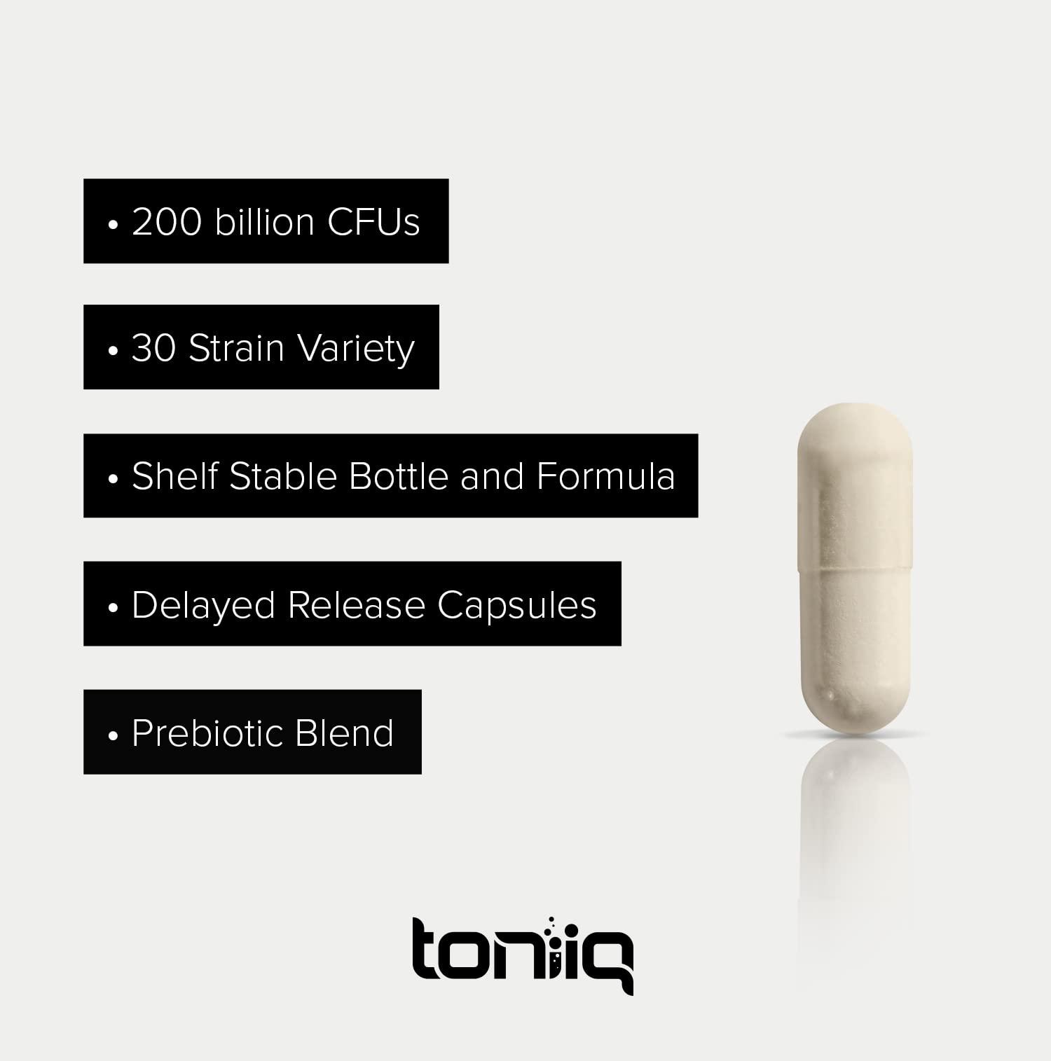 Toniiq Toniiq 200 Billion CFU Probiotic Supplement 30 Verified Third-Party Tested Strains - Fully Shelf-Stable Probiotics Formula with Prebiotic Blend - Extended Release Capsules