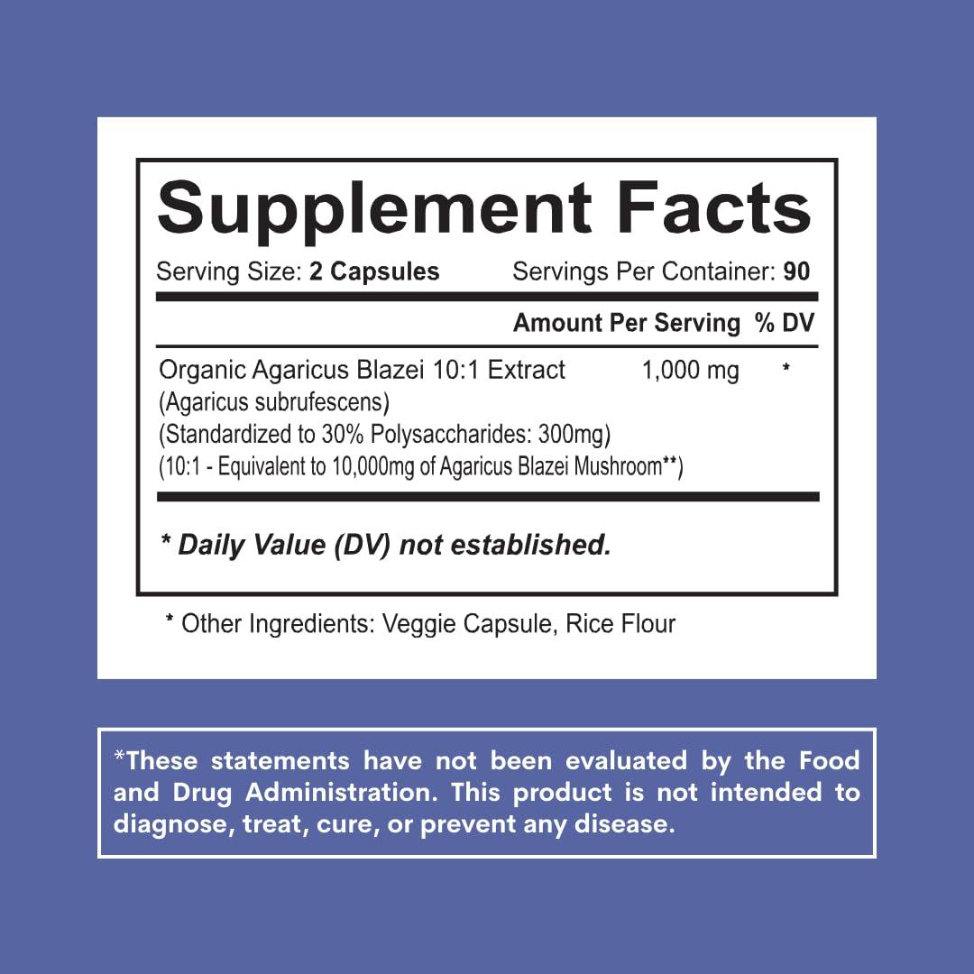 Nutriheim Nutriheim Agaricus Blazei Organic Mushroom Extract for Immune & Energy Support - 30% Polysaccharides & 180 Veggie Capsules - Non-GMO, Gluten-Free, Vegan-Friendly Supplement