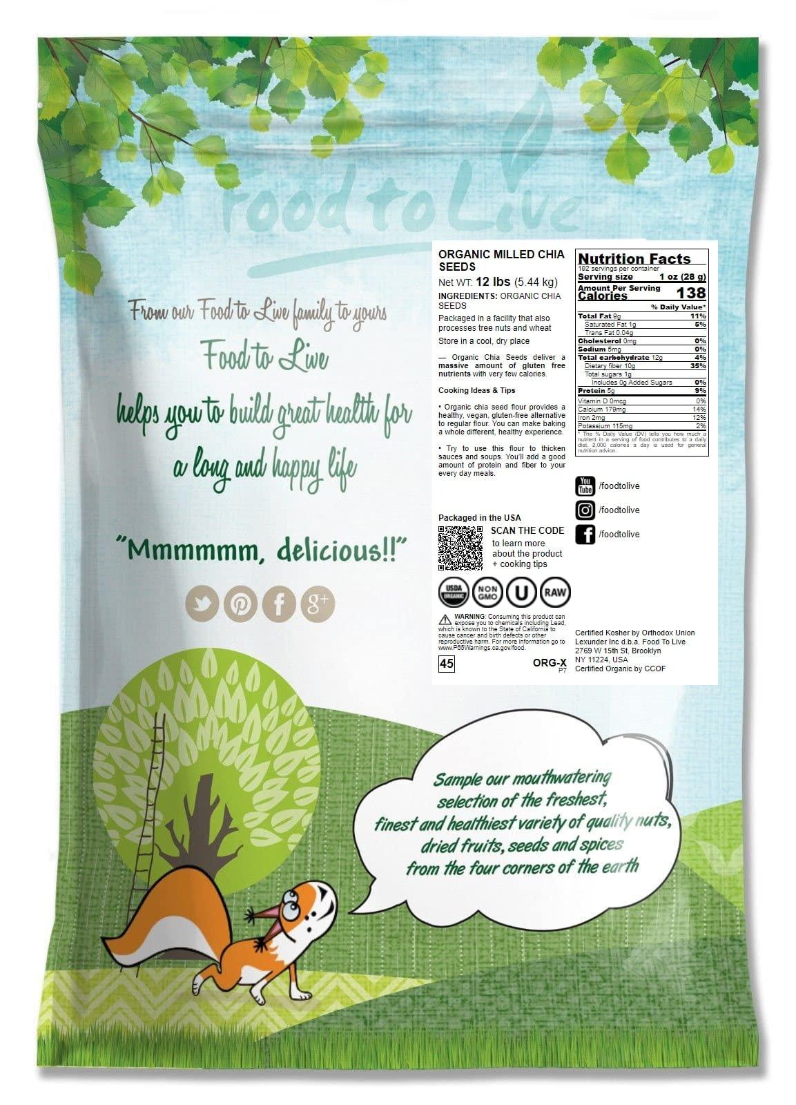 Food to Live Food to Live - Organic Chia Seeds Powder, 12 Pounds - Non-GMO Meal, Ground Raw Chia Seeds, Cold Milled, Kosher, Vegan, Bulk. Rich in Omega-3, Fiber, Protein