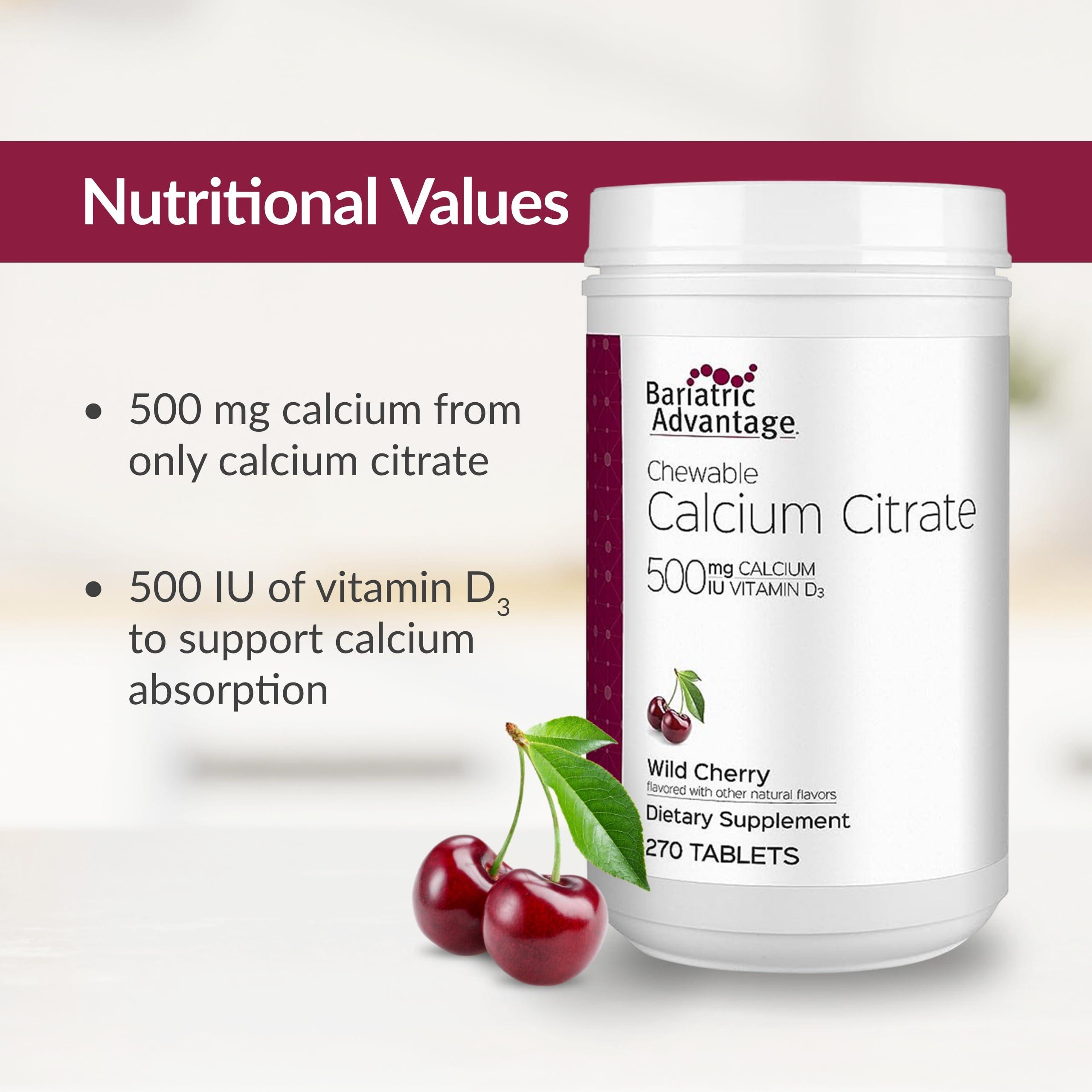 Bariatric Advantage Bariatric Advantage Calcium Citrate Chewable 500mg with Vitamin D3 for Bariatric Surgery Patients Including Gastric Bypass and Sleeve Gastrectomy, Low Sugar - Wild Cherry Flavor, 270 Count