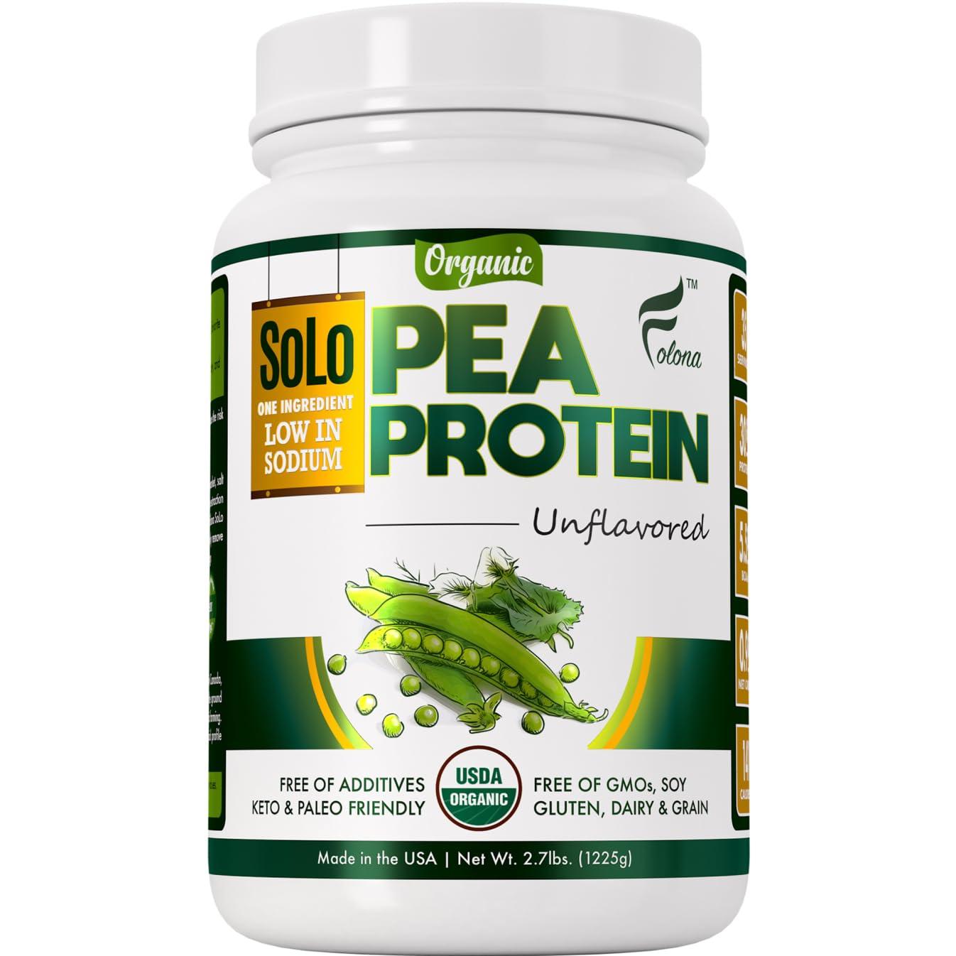 FOLONA SOLO Organic Pea Protein Powder, Low in Sodium, Canada Grown Peas, 100% Vegan, Non-GMO, Unflavored Plant Based Protein Powder with BCAA, Keto & Paleo Friendly, Easy to Digest, No Additives (2.7 lbs)