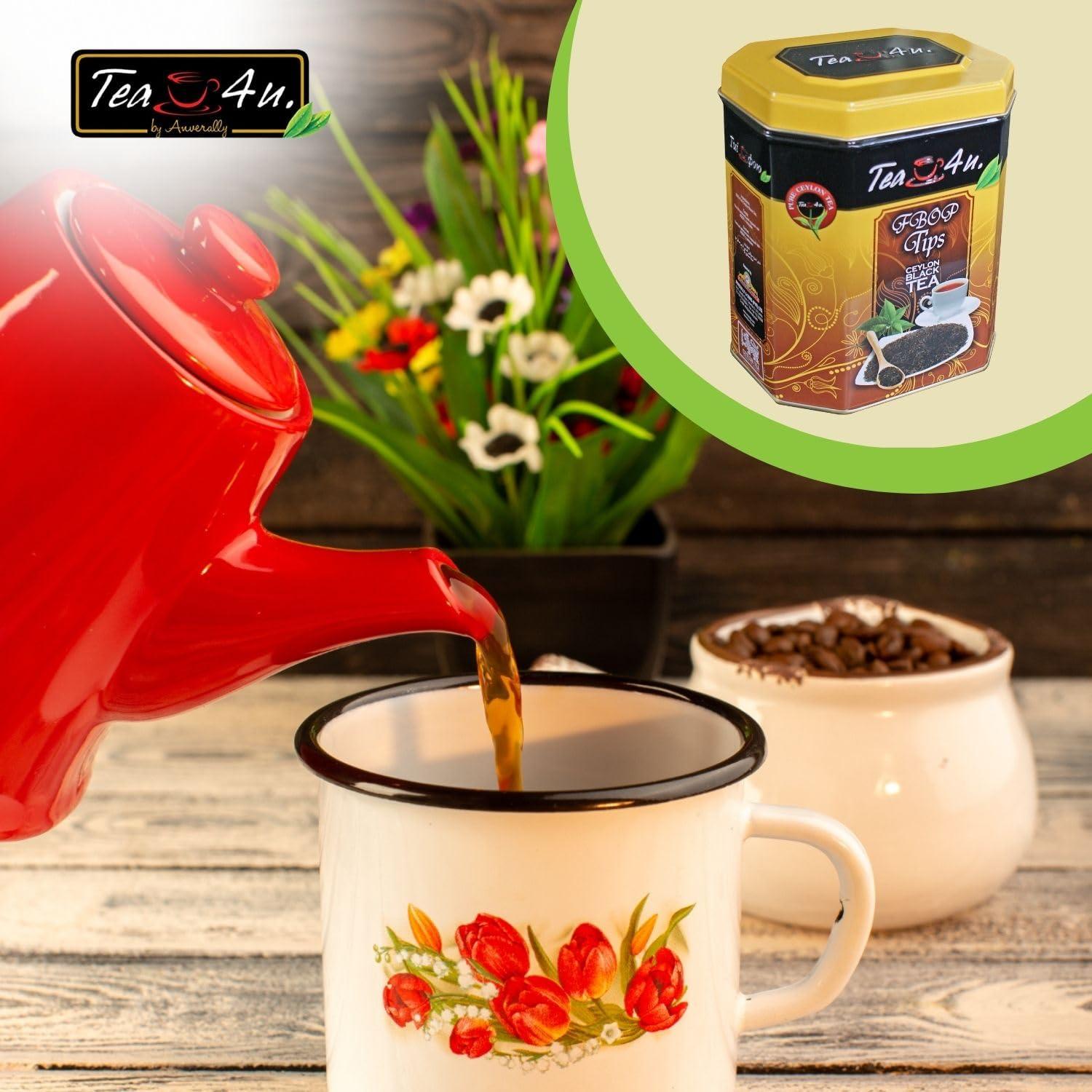 TEA 4U. BY ANVERALLY Tea4U FBOP Tips Loose Black Ceylon Tea, Fresh Handpicked Leaves with Metal Canister