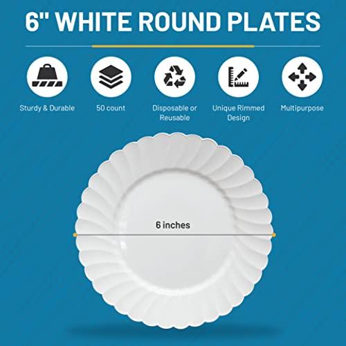 Oasis Creations Premium Hard Plastic Round White Plates – 50 x 6” -Washable & Reusable - Party Supplies For Birthdays, Celebrations, Buffets, Fiestas, Catering & More
