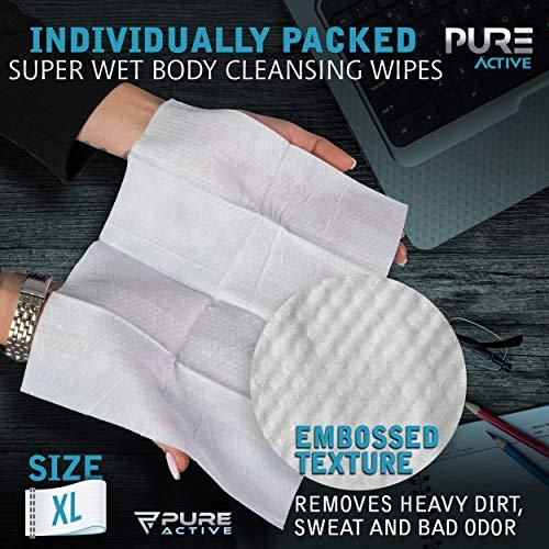 Pure Active 60 Individually Wrapped Shower Body Wipes + 50 Extra Thick Unscented Shower Wipes, Camping Wipes For Bathing, Rinse Free Body Cleansing Wipes