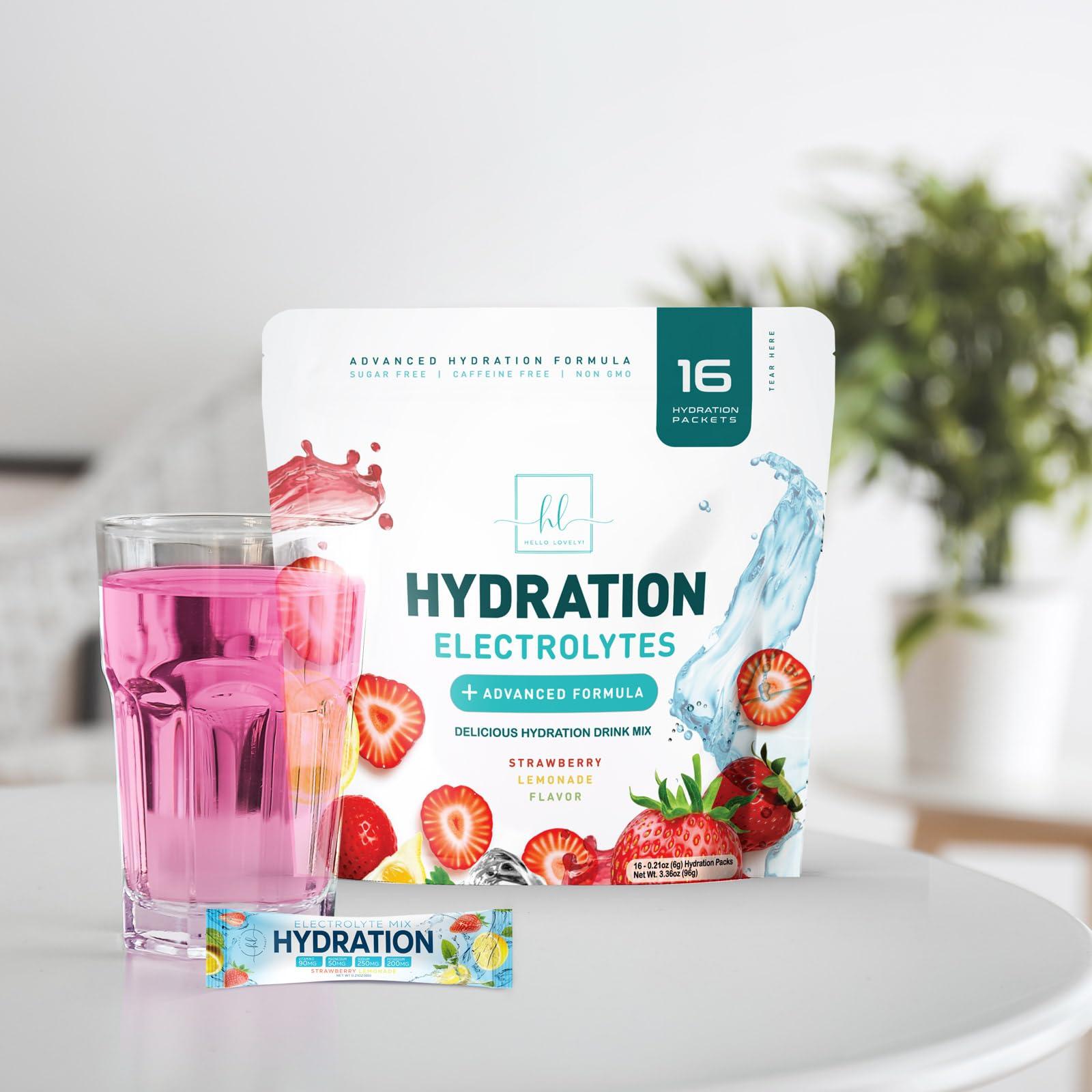 Hello Lovely! Daily Electrolyte Drink Mix - Strawberry Lemonade Hydration Powder Packets with 6 Electrolytes & Minerals - Sugar Free, Keto Friendly, Electrolytes Powder Recovery Drink w Real Salt - 16 Servings