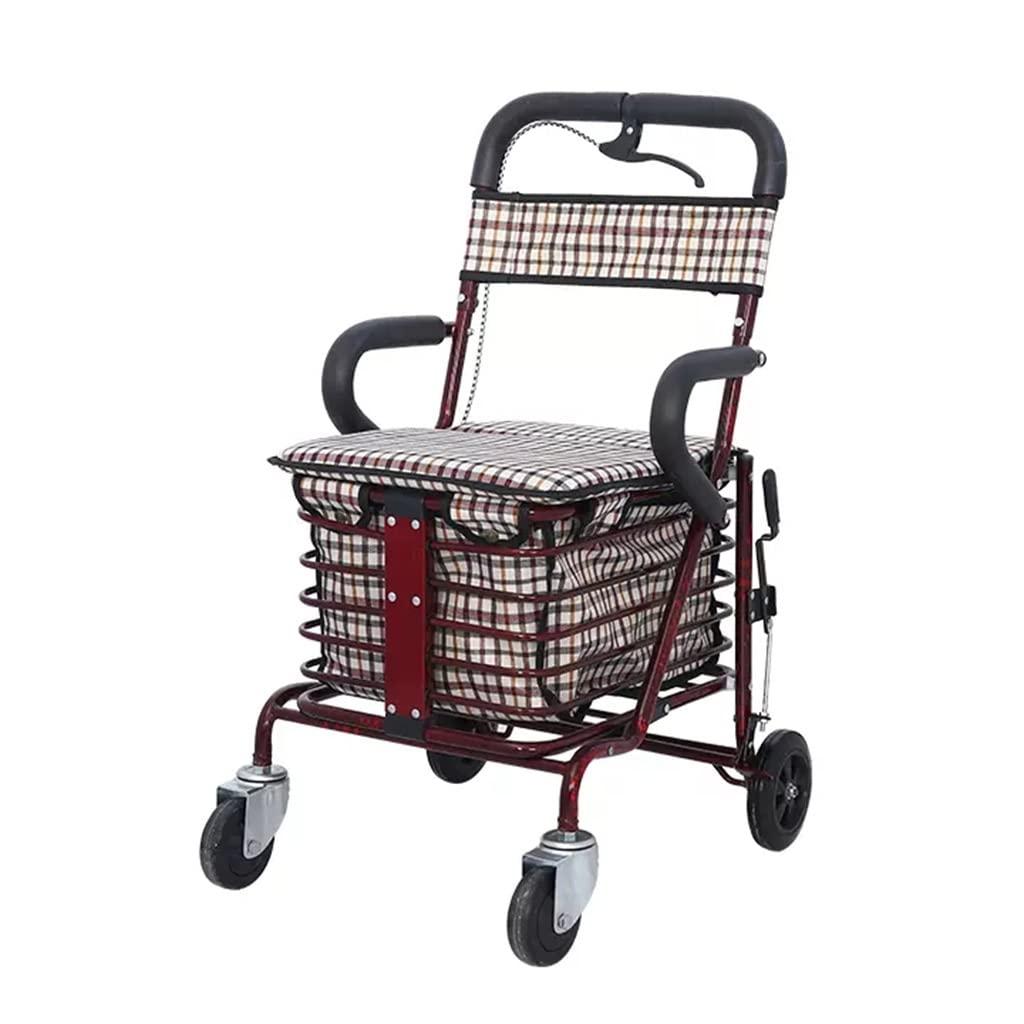 WIGSELBL Folding Shopping Cart for Seniors Walking,Rolling Walker Old Man Shopping Cart,Heavy Duty Shopping Cart with Seat,4 Wheels Medical Walking Aids Drive Rollator (Color : Red)