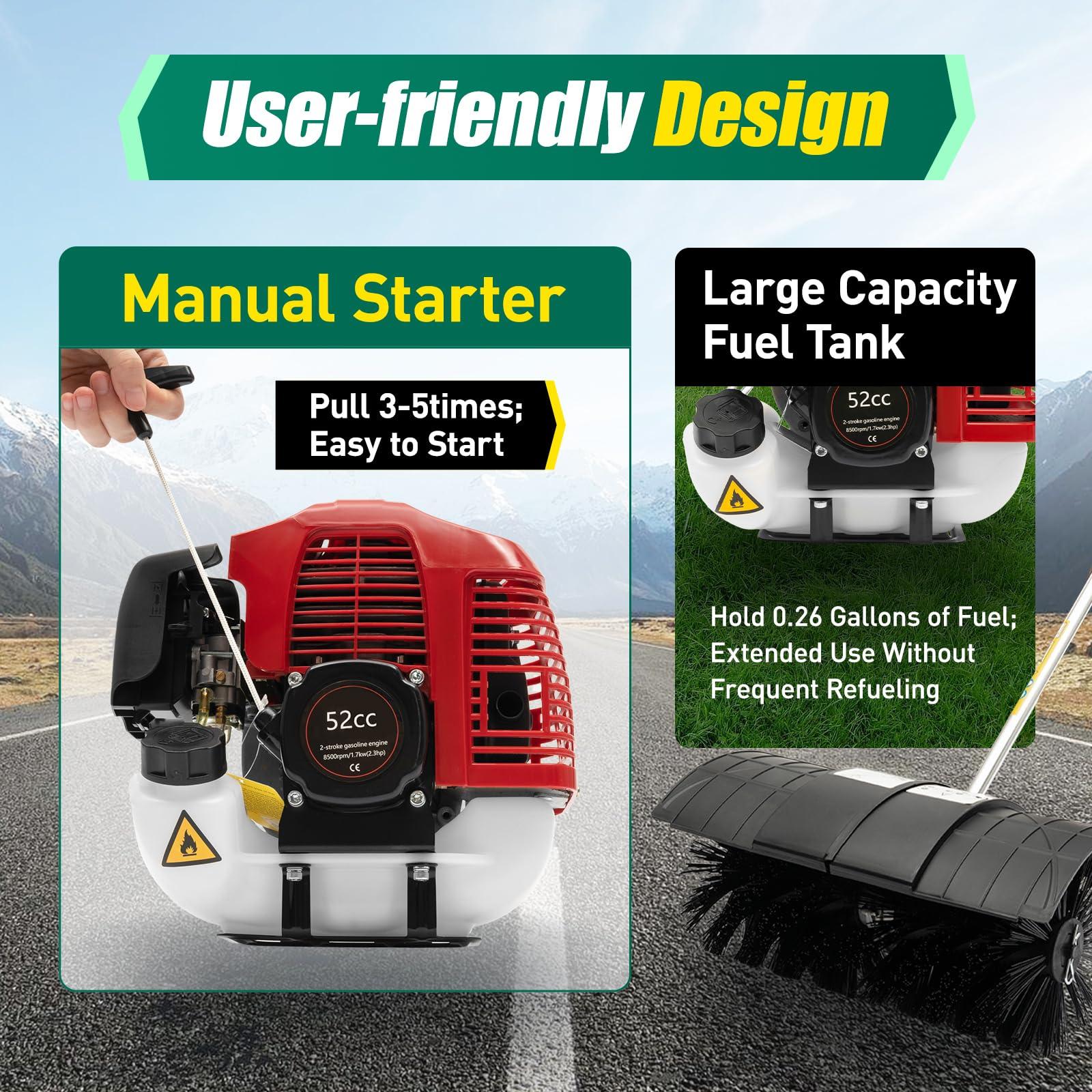 HuaShuani HuaShuani Artificial Grass Brush Electric Broom, Hand-Held Gas Sweeper 52cc 2.3 HP, Portable Nylon Brush Sweeper 2 Stroke 1700W, Gasoline Powered Cleaning Tools for Sweeping The Driveway Lawn