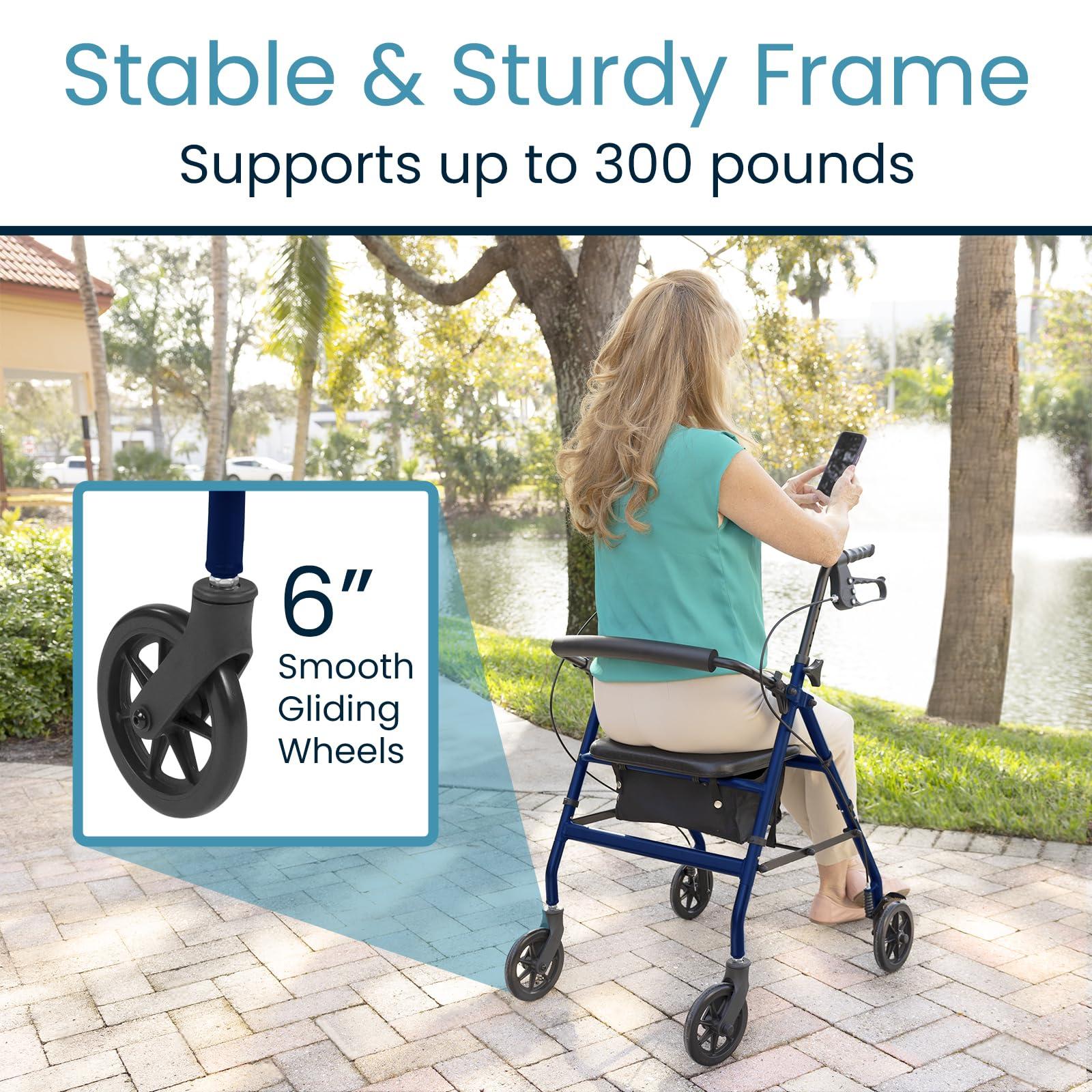 Vive Mobility Vive Mobility Ultra Lightweight Rollator Walker with Seat - Foldable, Narrow, Rolling Senior Walker for Small Spaces - 4 Wheel Aluminum Adult Easy Drive Walker with Underseat Accessory