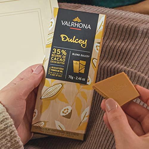 VALRHONA Valrhona Premium French Blonde Chocolate DULCEY 35% Cacao Tasting Bars - Creamy, Caramel Cookie Flavor Notes. Easy Melt and Tempering. Creamy and Balanced. Makes Luscious Frostings 70g (Pack of 3)
