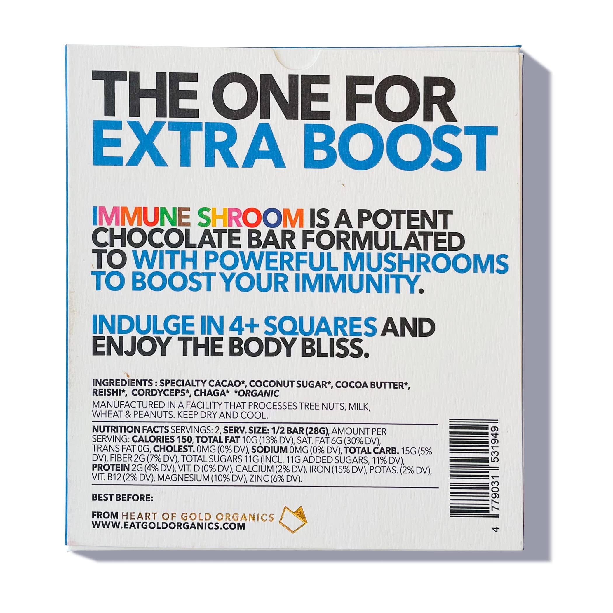 EAT GOLD ORGANICS IMMUNE SHROOM : THE ONE FOR A BOOST : a potent, delicious, functional chocolate bar formulated with premium, organic cacao, powerful adaptogens & mushrooms to support boosting your immunity